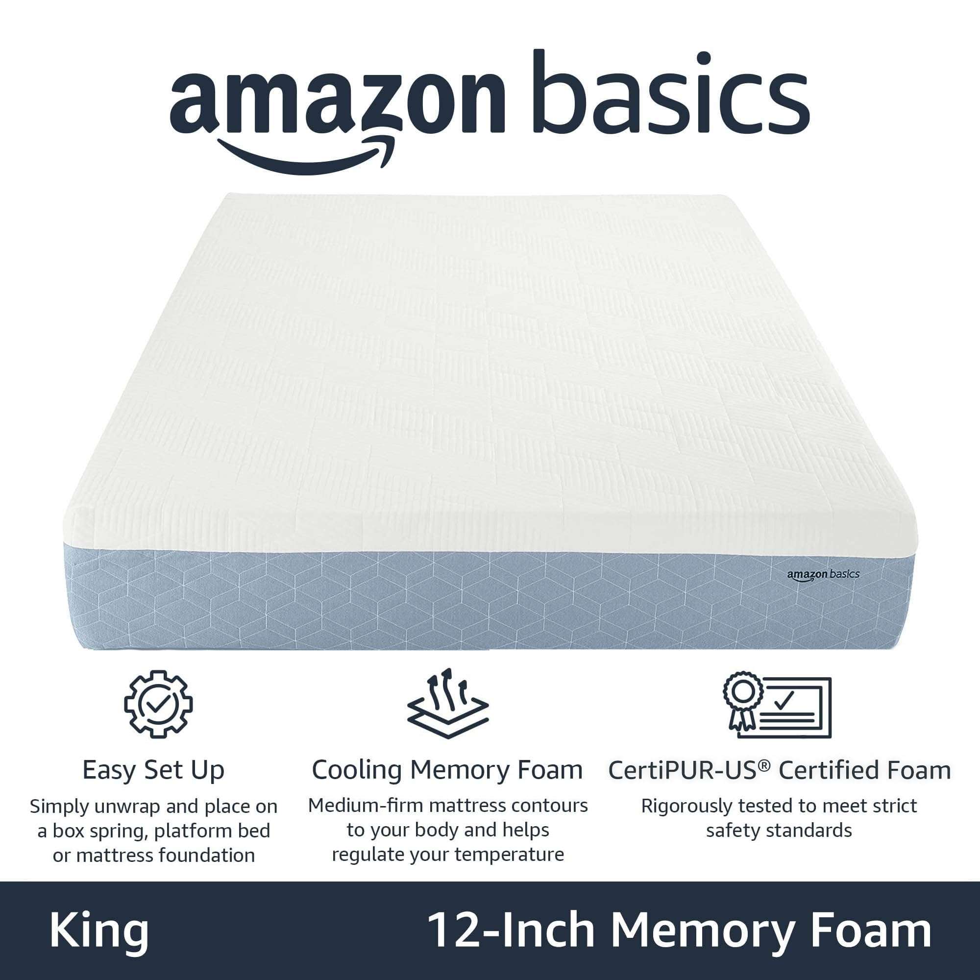 Amazon Basics Memory Foam Mattress, Medium Firm, Cooling Gel, King Size Mattress, CertiPUR-US® Certified Foam, 80 x 76 x 12 inches, White/Gray - Image 2