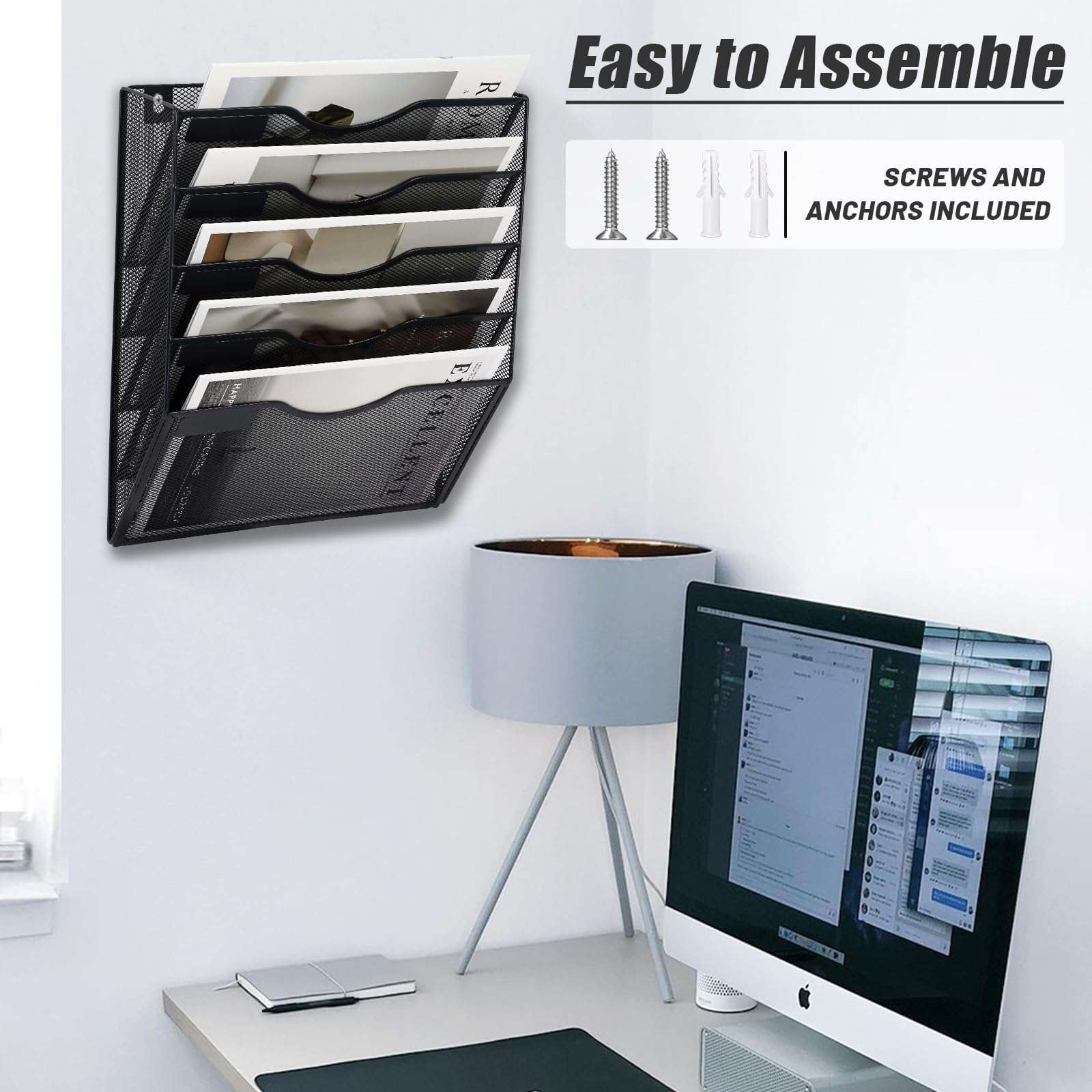 EASEPRES 5 Pocket Mesh Hanging Wall File Organizer, Wall Mounted Mail Paper Document Folder Holder, Clipboard Storage Organization Magazine Rack with Nametag Label for Office Home School, Black - Image 5