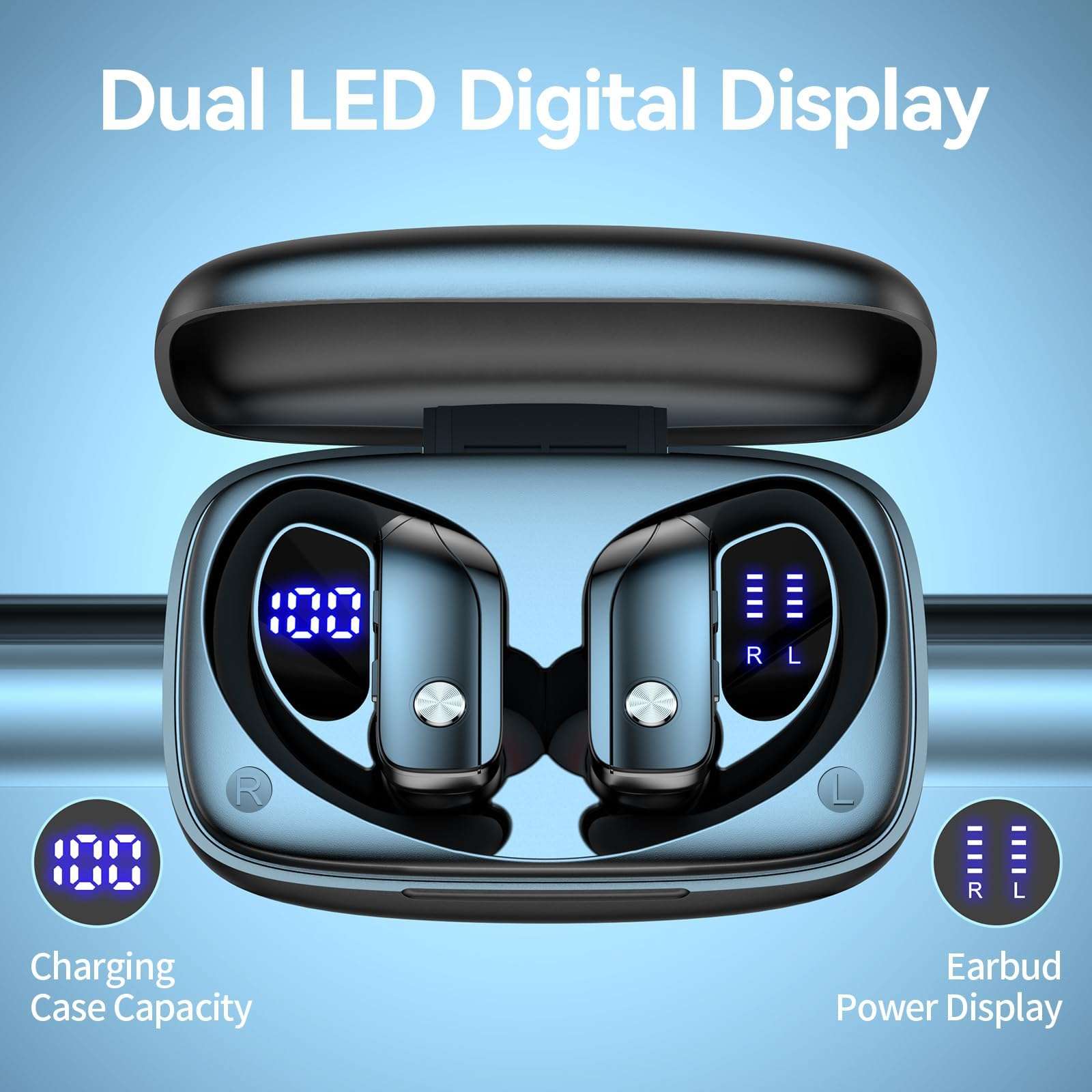 bmani Ear Buds Wireless Earbuds Bluetooth Headphones with 80H Playtime LED Display Case, Over-Ear Hook with Mic, Stereo Sound, Easy Button Controls, Sports Earphones for Running Workout Gym Black - Image 3