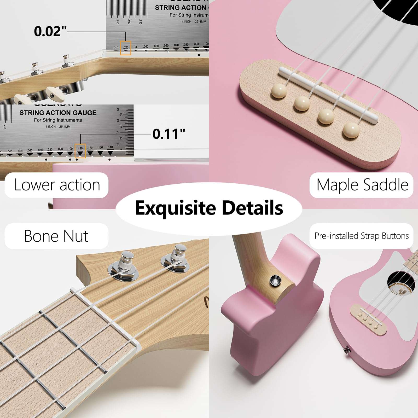 Ulumac Soprano Ukulele, Stylish Shape with White Pickguard Spruce 21.5 inch Ukelele Beginner Kit with Gig Bag, Digital Tuner, Replacing Strings, 3 Guitar Picks, Strap, Cloth, Pink, P005WPN - Image 6