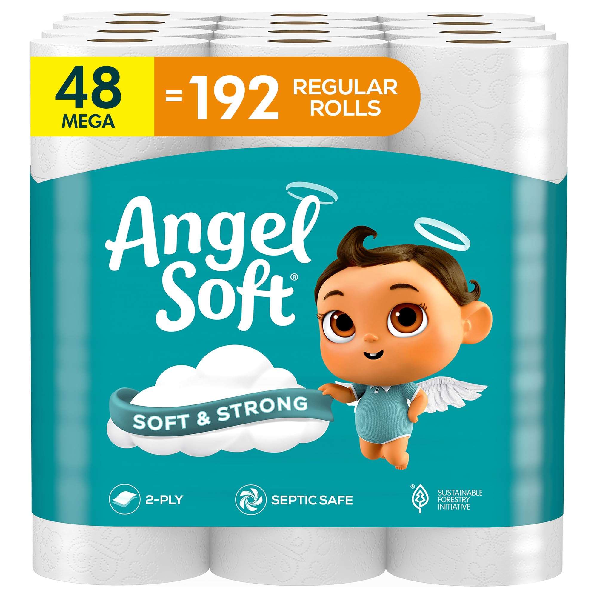 Angel Soft Toilet Paper, 48 Mega Rolls = 192 Regular Rolls, Soft and Strong Toilet Tissue - Image 1