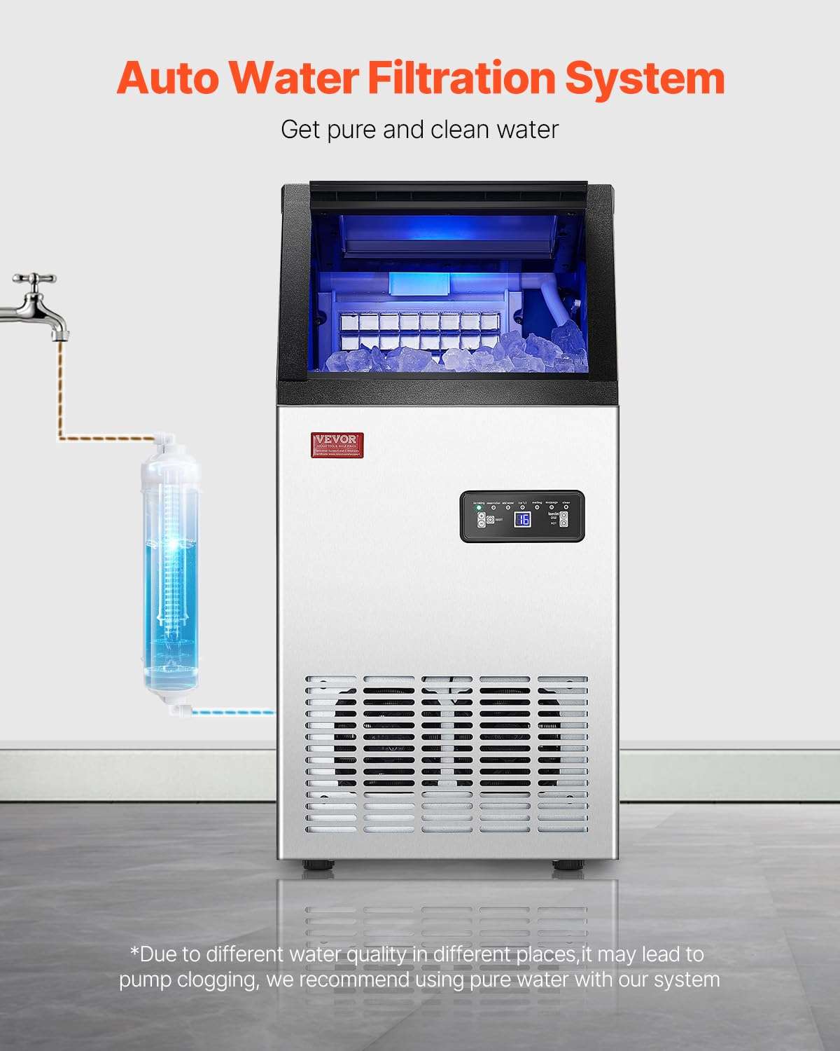 VEVOR Commercial Ice Maker, 100lbs/24H Ice Maker Machine with 28lbs Storage Capacity, 40 Ice Cubes in 15 Minutes, Freestanding Ice Maker for Bar Home Office Restaurant, LED Display, Self-Cleaning - Image 5