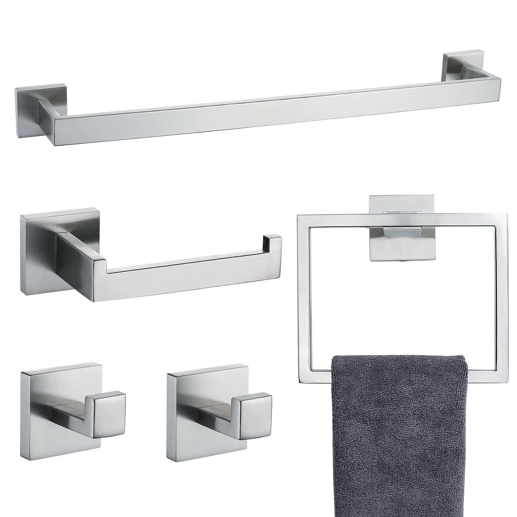 TNOMS Bathroom Towel Bar Set 5 Pieces Brushed Nickel Square Modern Bathroom Hardware Set,Stainless Steel Wall Mounted 23.6-Inch - Image 1