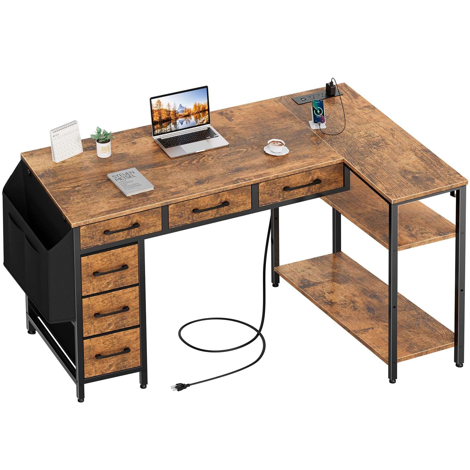 Lufeiya L Shaped Computer Desk with Drawers - 48 Inch Office Desk with Shelves Storage, Reversible Corner PC Desks with Power Outlet for Home Office, Bed Room, Writing Workstation, Brown - Image 1