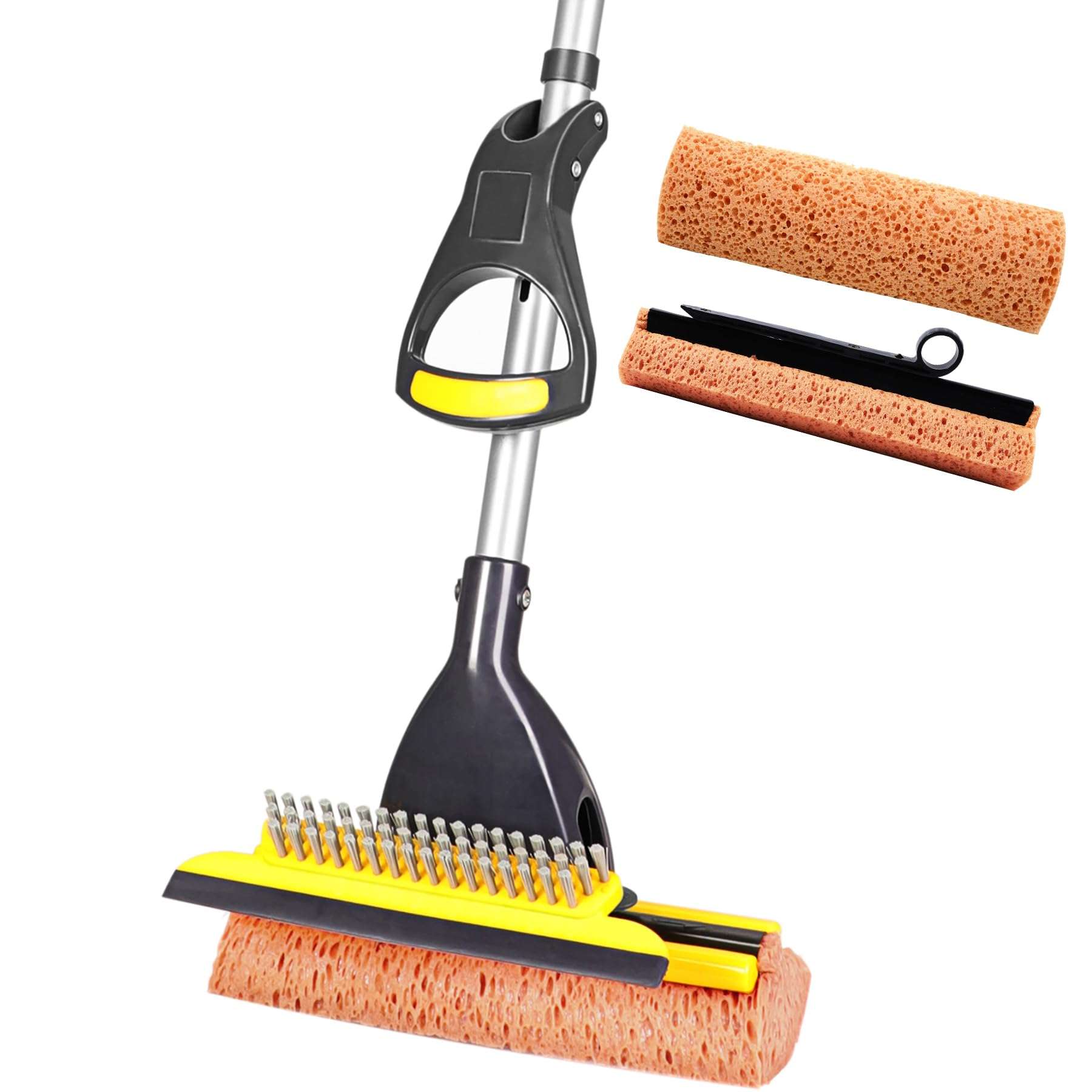 Yocada Sponge Mop Home Commercial Use Tile Floor Bathroom Garage Cleaning Total 2 Sponge Heads NOT 3 Telescopic Handle Squeegee from 42.5 to 52 Inches Easily Dry Wringing only 2 Heads - Image 1
