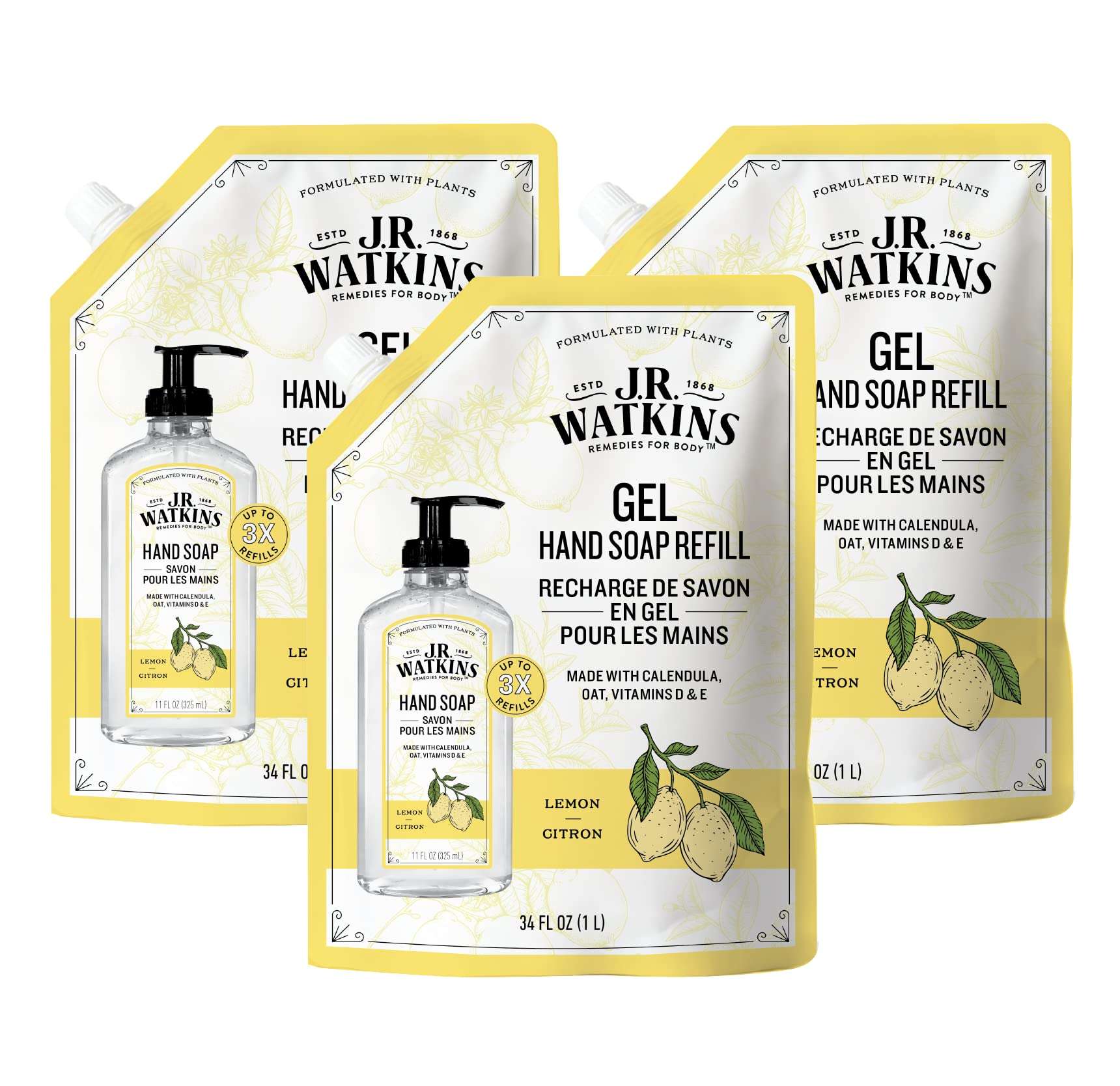 J.R. Watkins Gel Hand Soap Refill, Moisturizing Hand Wash, All Natural, Alcohol-Free, Cruelty-Free, USA Made, Lemon, 34 Fl Oz, 3 Pack - Image 1