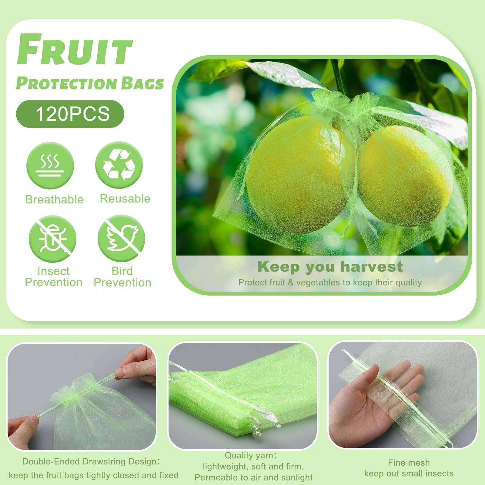 Reallnaive 120 Pcs Fruit Protection Bags 3 Size Green Mesh Bags for Fruits Vegetables with 120 Pcs Plant Label Drawstring Mesh Pest Barrier Netting Cover for Veggies Garden - Image 3