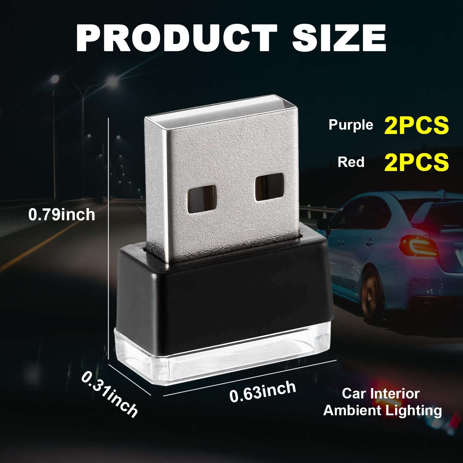 Ziciner 4 PCS USB LED Car Interior Atmosphere Lamp, Portable Mini LED Night Light, Plug-in USB Interface Trunk Ambient Lighting Kit, Universal Interior Accessories (Red+Purple) - Image 2