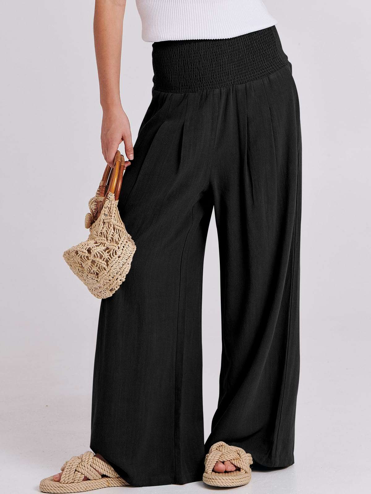 ANRABESS Women Linen Palazzo Pants Summer Boho Wide Leg High Waist Casual Lounge Pant 2025 Beach Travel Vacation Outfits - Image 2