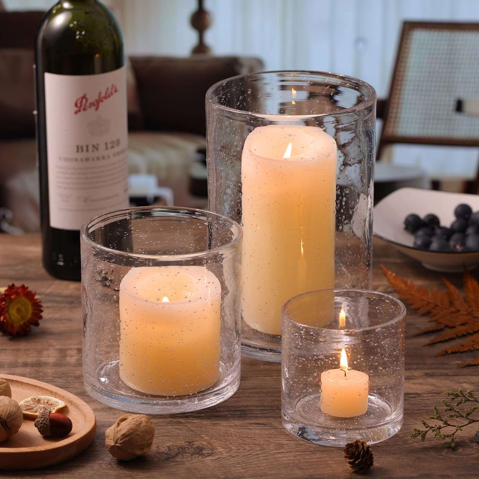NITIME Hurricane Candle Holder Set of 3 Clear Candle Holders for Pillar Candles, Seeded Bubbles Glass Candle Holder for table centerpiece, Glass Cylinder Vases for Home, Patio and Wedding 8"4.7"3.5"H - Image 3