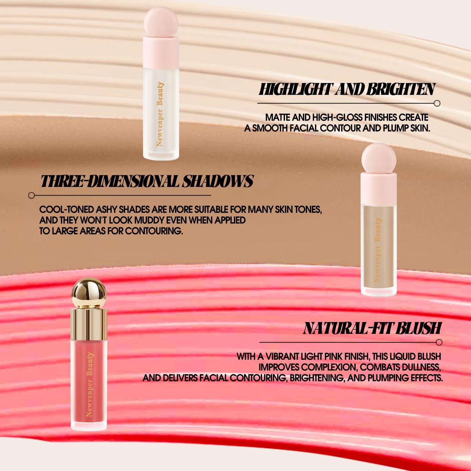 Liquid Contour,Liquid Highlighter, Blush with Face Brush Long Lasting Smooth Lightweight Smudge Proof Contour+ Blush+ Highlighter - Image 6