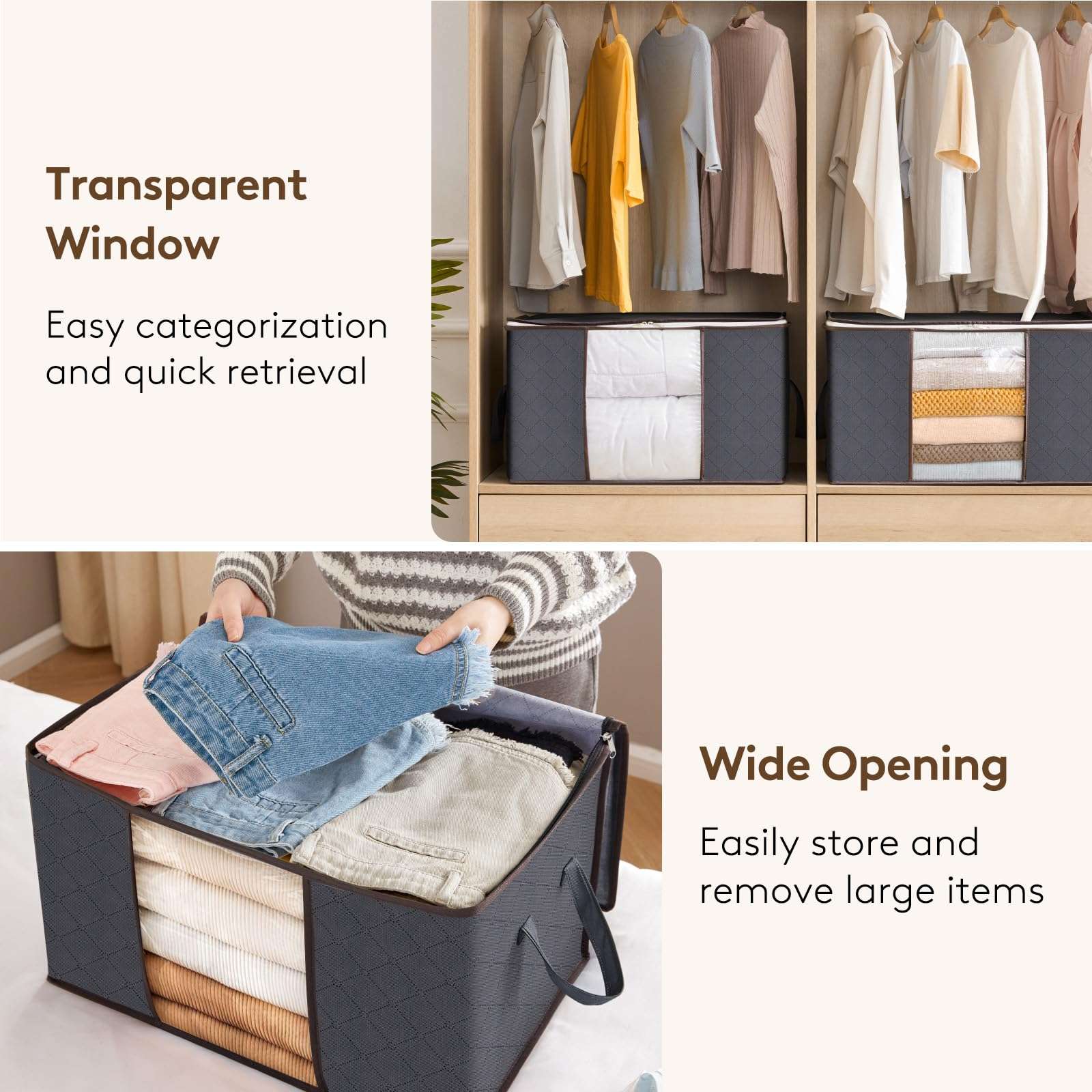 Lifewit 6 Pack Clothes Storage Bins with Lids, Foldable Blanket Storage Bags with Zippers, Clear Window and Reinforced Handles, Closet and Organization for Clothing, Sweater, Comforter, Bedding, Gray - Image 5