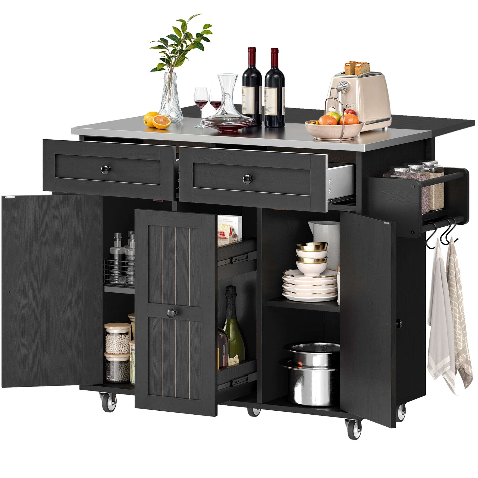 DWVO Kitchen Island on Wheels, Mobile Kitchen Island Cart with Folding Drop Leaf Breakfast Bar, Island Table for Kitchen with Large Storage Cabinets, Racks, Drawers and Adjustable Shelves, Black - Image 1