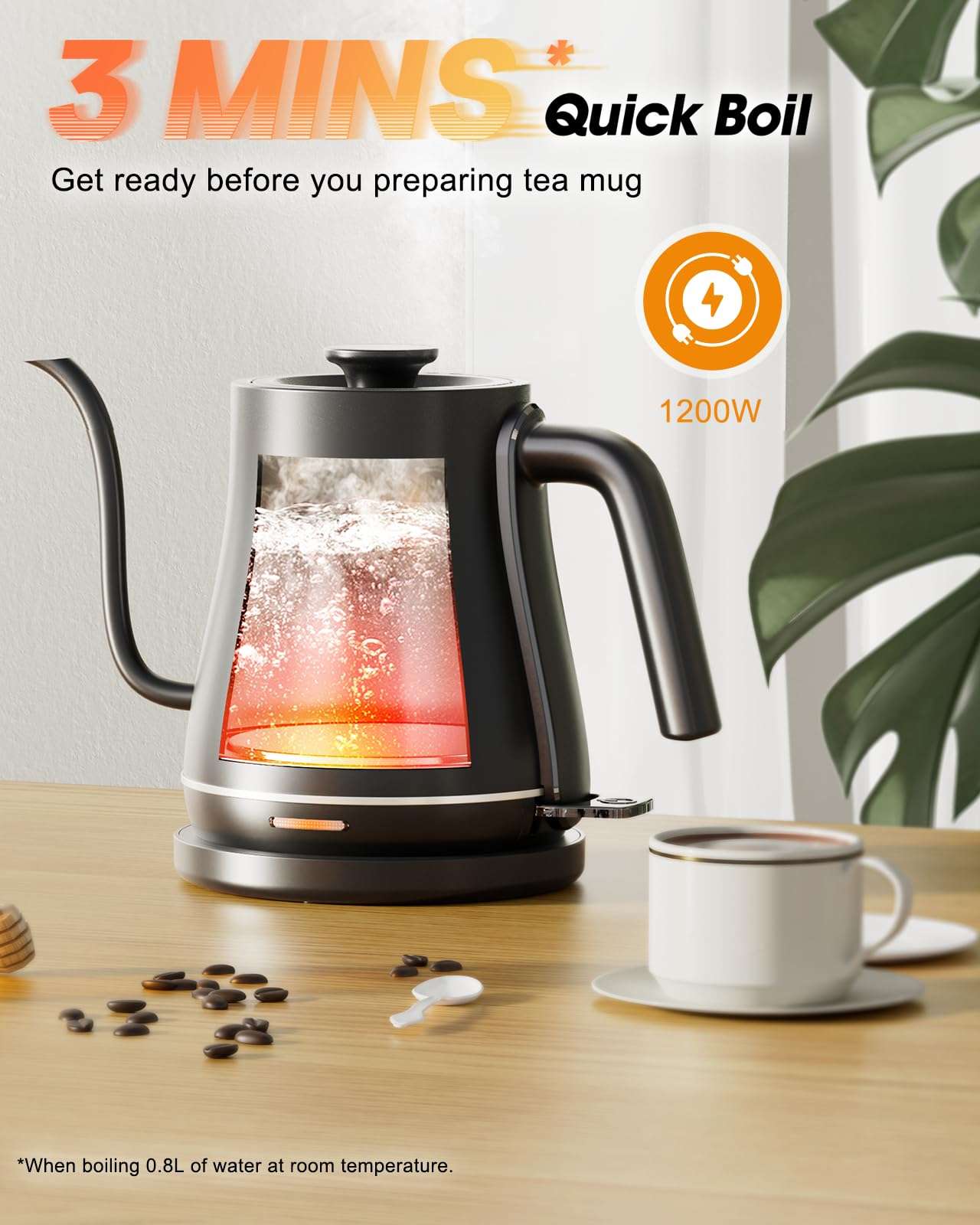 Ulalov Electric Kettle 1L Gooseneck Water Kettle Quick Heating for Pour Over Coffee & Tea, Stainless Steel Hot Water Boiler with Auto Shut-Off, Boil Dry Protection, Matte Black,1200W - Image 3