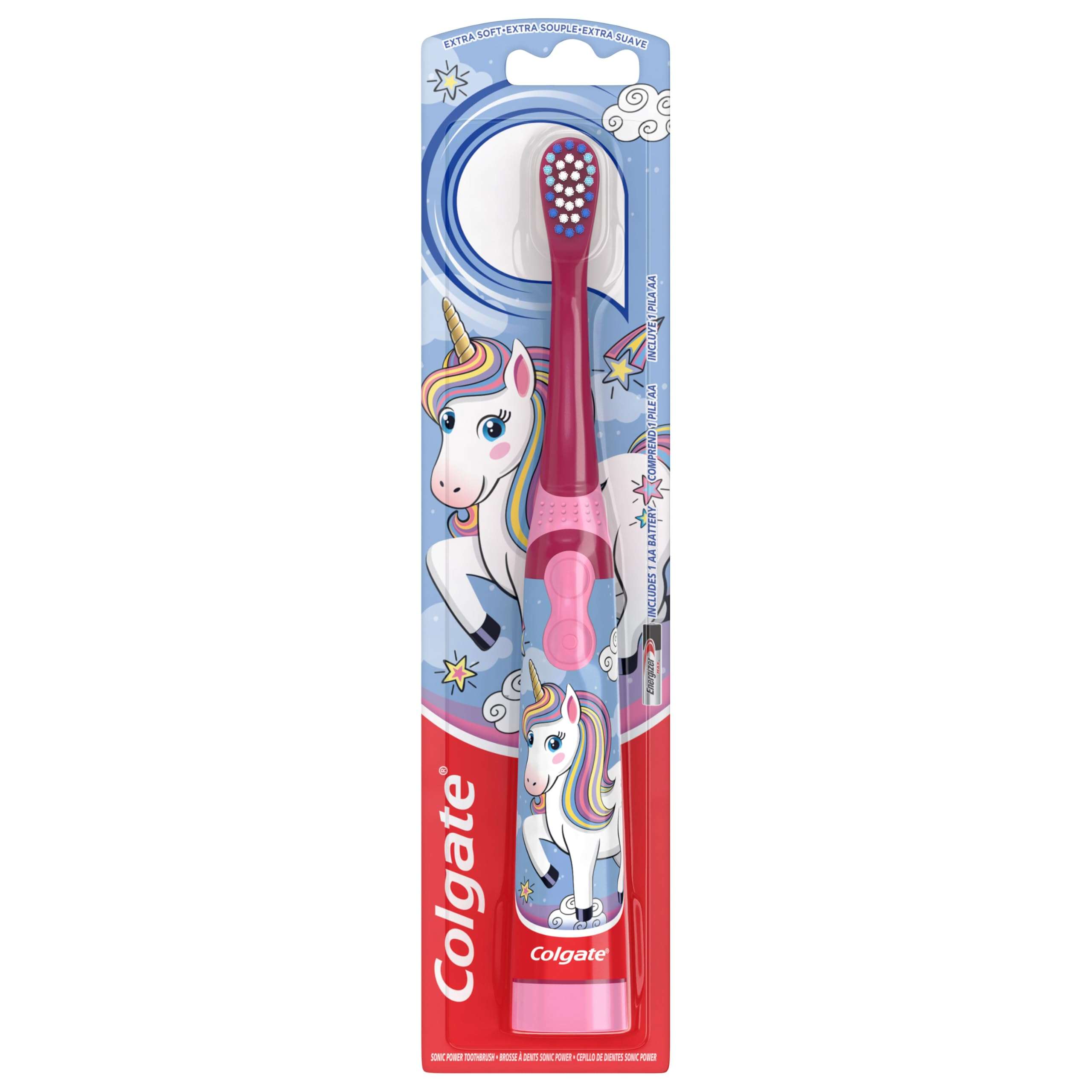 Colgate Kids Battery Powered Toothbrush, Kids Battery Toothbrush with Included AA Battery, Extra Soft Bristles, Flat-Laying Handle to Prevent Rolling, Unicorn Toothbrush, 1 Pack - Image 1