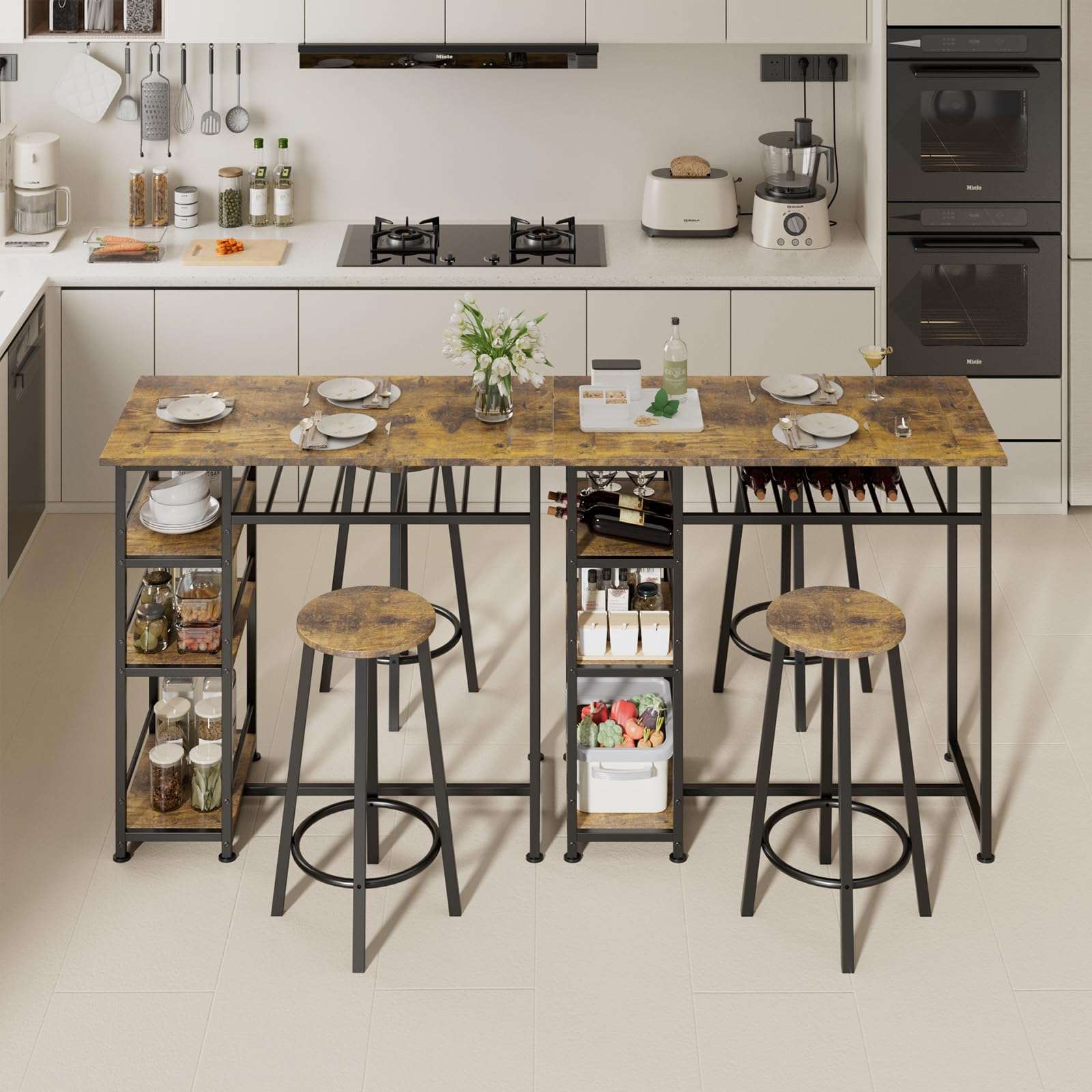 COMHOMA Dining Table Set for 2, Counter Height Kitchen Table and Chairs with Storage Shelves & Wine Rack, Bar Table Set with 2 Bar Stools, 3 Piece Dining Room Table Set for Small Space, Retro Brown - Image 8