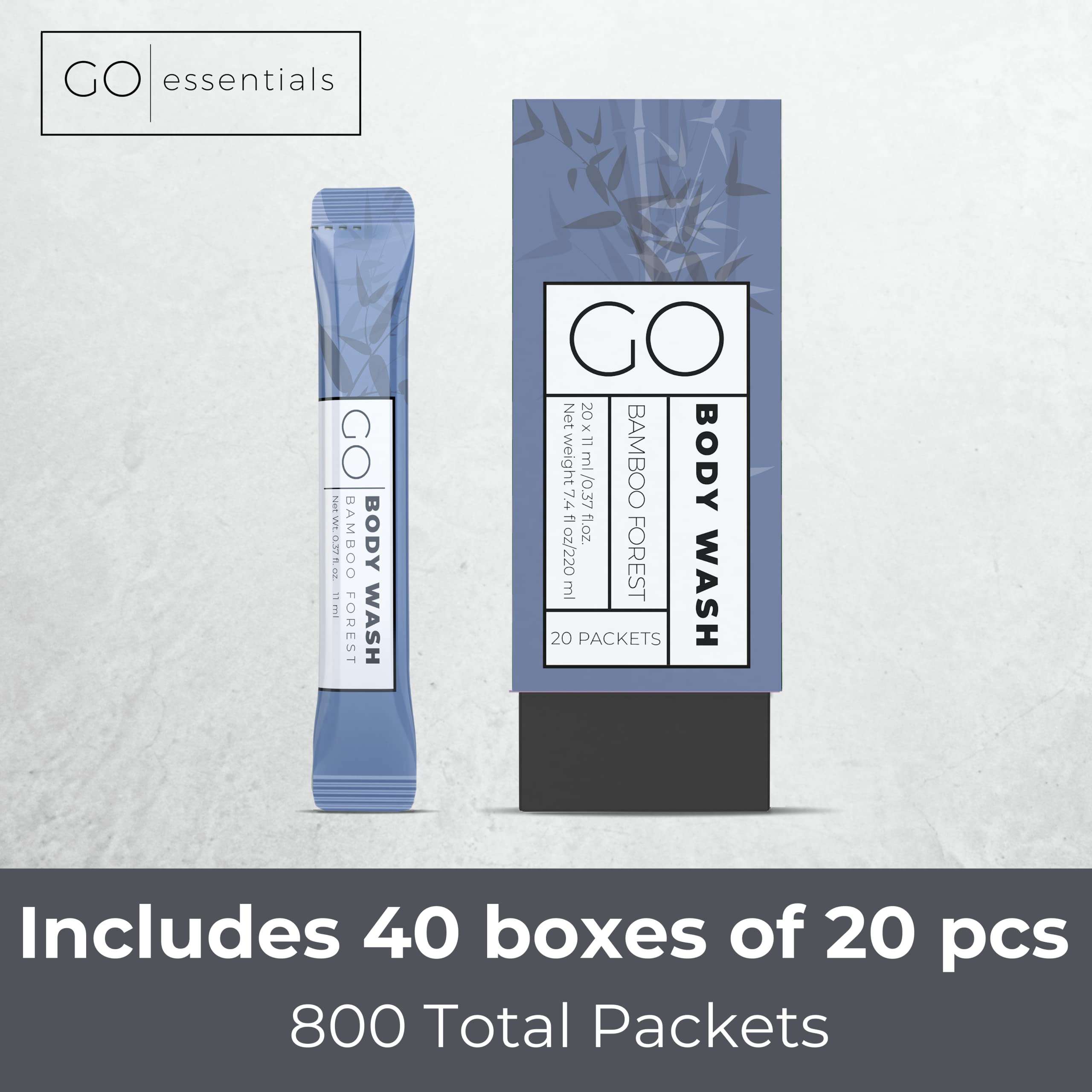 Go Essentials Travel Size Body Wash Packets – Single-use amenity. Airline Friendly. 40 cartons (800 packets). - Image 2