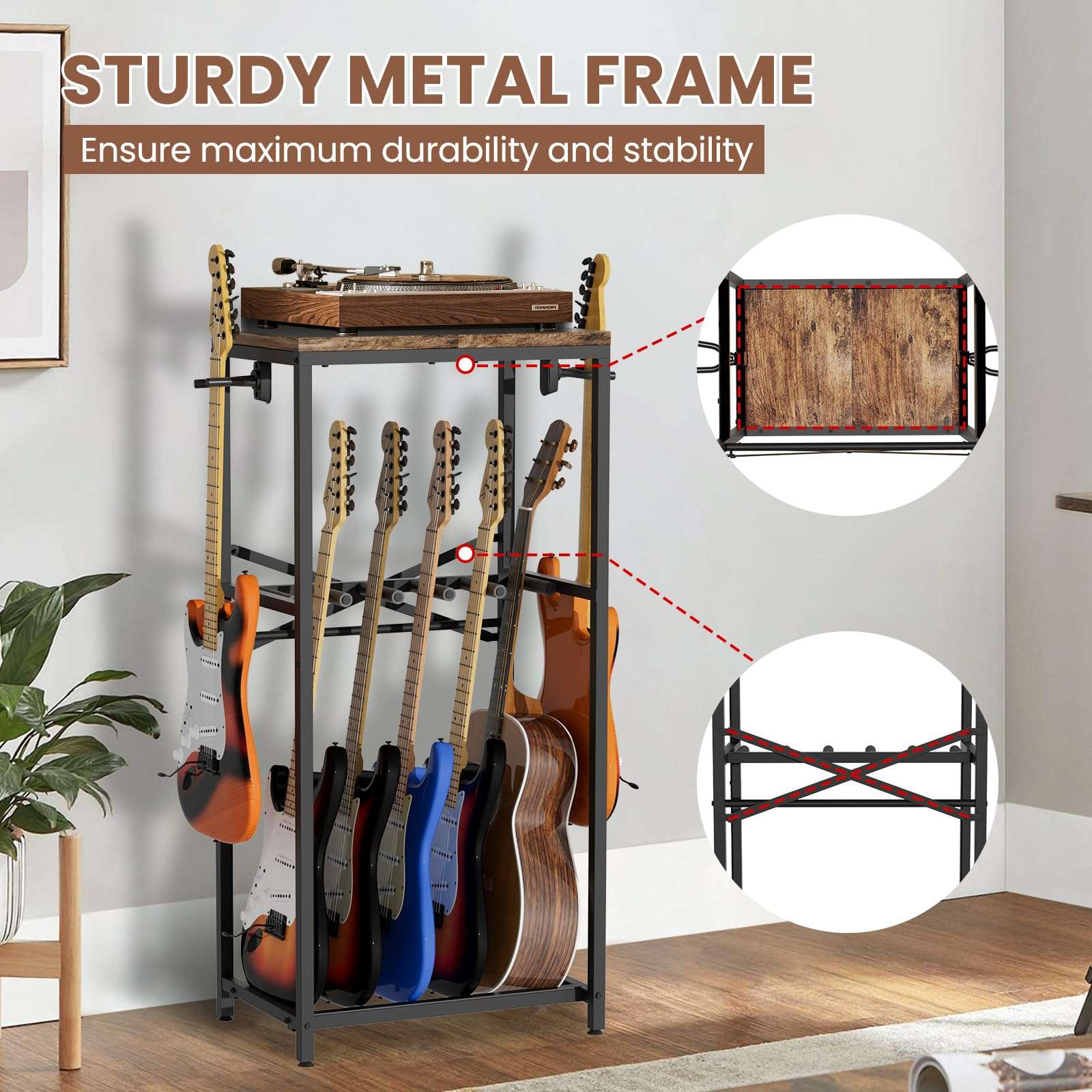 storenization Guitar Stand for Multiple Guitars, Guitar Rack for Acoustic Guitar, Electric Guitar, Bass and Ukulele, Rustic Guitars Display Stand with 2 Guitar Hangers - Image 5
