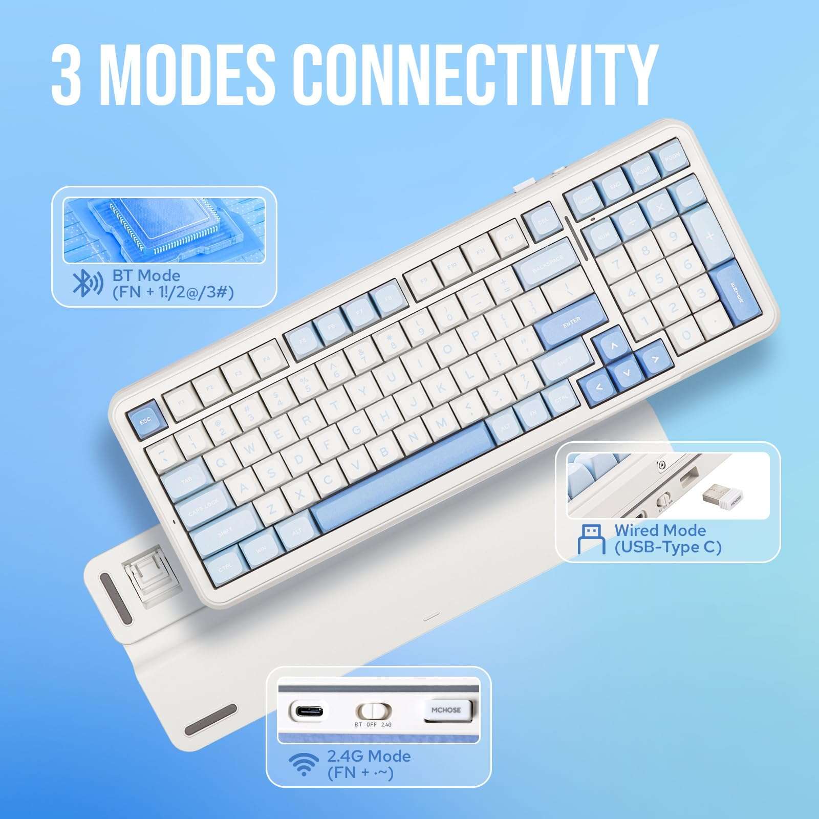 MechLands MCHOSE K99 96% Wireless Gaming Keyboard, Gasket Mechanical Keyboard, BT5.0/USB-C/2.4GHz Wireless Creamy keyboard, with 6-Layer Padding, 6000mAh Battery, Hot Swappable, NKRO for Win/Mac/Linux - Image 3