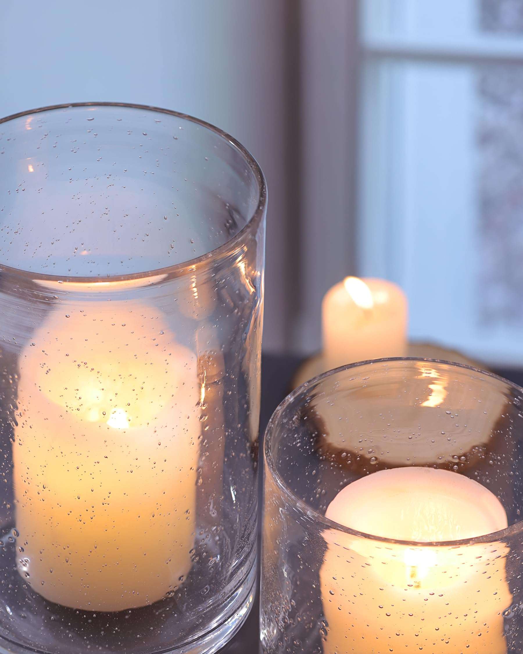 NITIME Hurricane Candle Holder Set of 3 Clear Candle Holders for Pillar Candles, Seeded Bubbles Glass Candle Holder for table centerpiece, Glass Cylinder Vases for Home, Patio and Wedding 8"4.7"3.5"H - Image 5