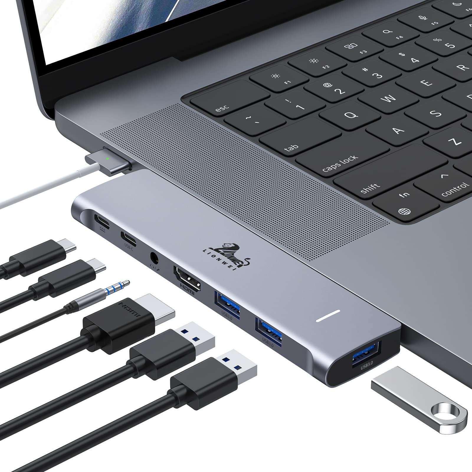 USB C Hub Adapter for MacBook Pro/Air M1M2M3 2022 2021 2020 13"15"16",Multiport MacBook Adapter MacBook Accessories with 4K HDMI,3USB3.0,Audio,100W Thunderbolt-Enabled USB-C,Support MagSafe 3 Charging - Image 1