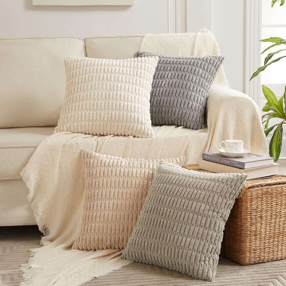 Fancy Homi 4 Packs Neutral Decorative Throw Pillow Covers 18x18 Inch for Living Room Couch Bed Sofa, Rustic Farmhouse Boho Home Decor, Soft Plush Striped Corduroy Square Cushion Case 45x45 cm - Image 7