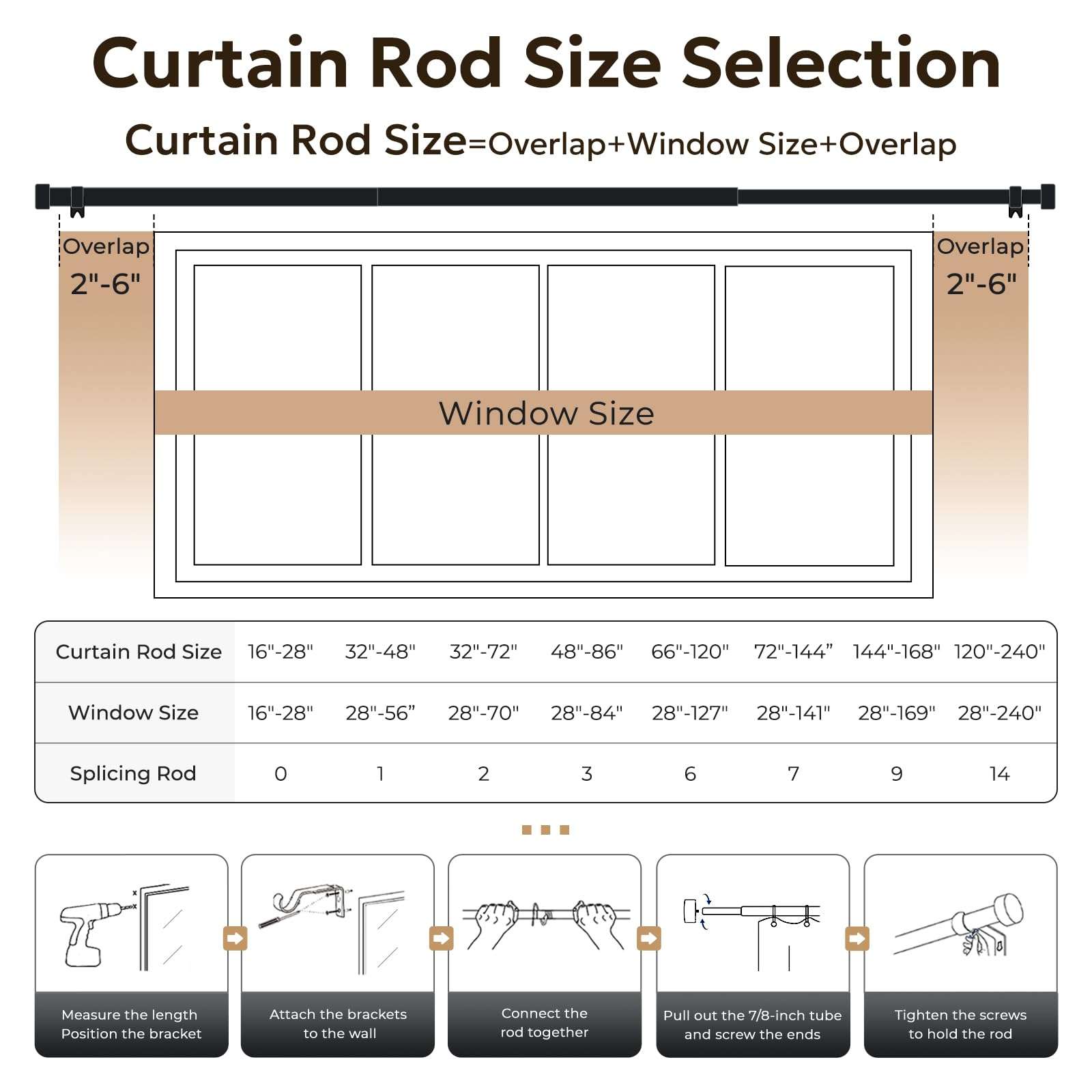 Zeerobee Curtain Rods for Windows 48 to 84, Black Curtain Rod, Adjustable 1 Inch Heavy Duty Outdoor/Indoor Modern Drapery Pole, 32"-86" - Image 6