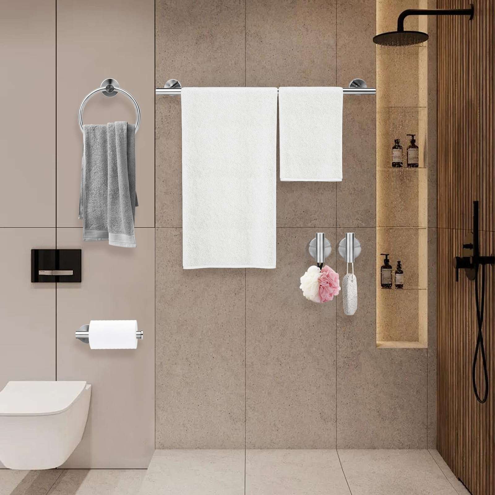 Ntipox Brushed Nickel Bathroom Hardware Accessories Set 5 Piece, Stainless Steel Bath Towel Bar Set 24 Inch,Toilet Paper Holder,Towel Ring Holder,Towel Rack Set, Brushed Nickel - Image 2