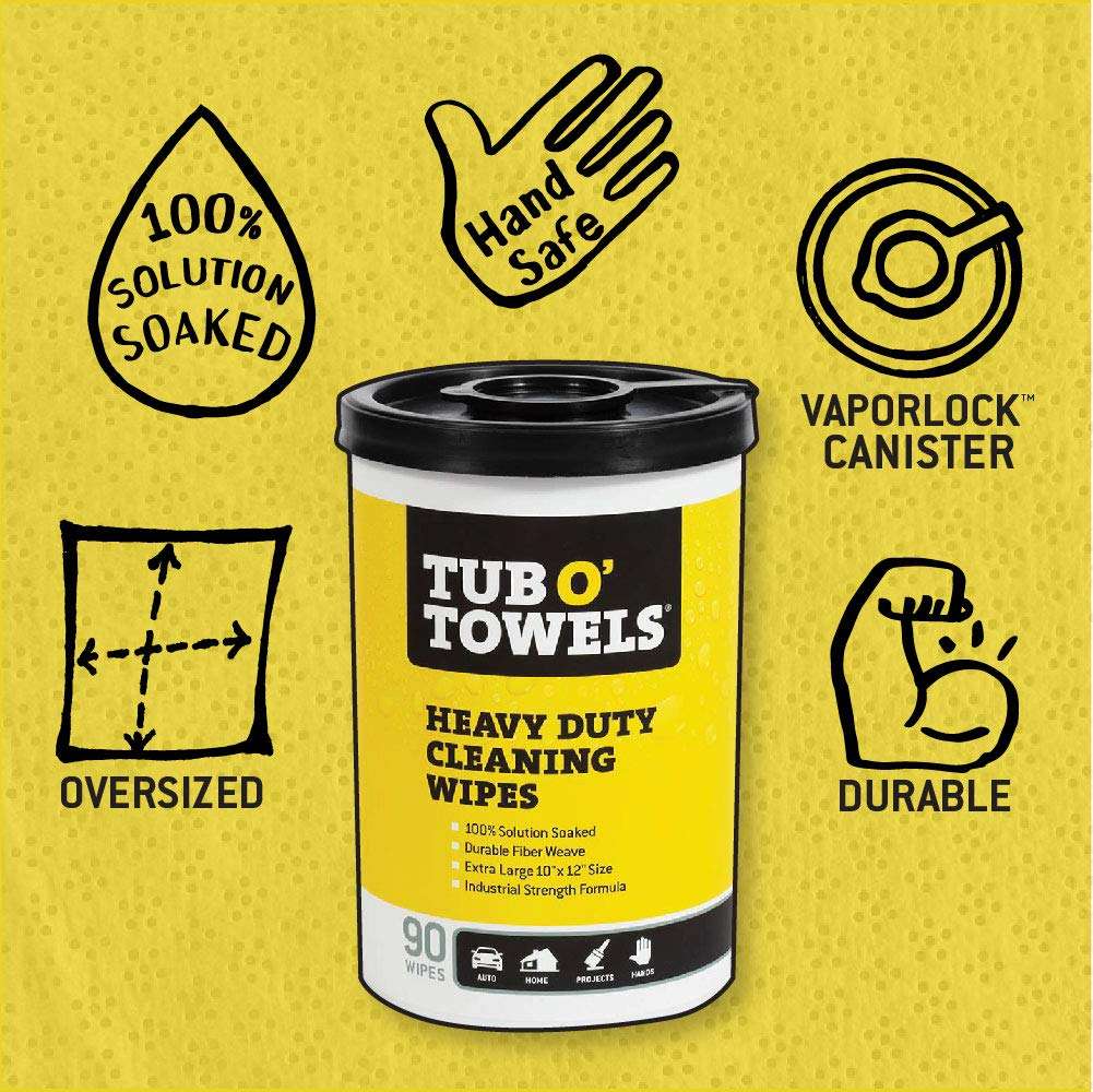 Tub O' Towels TW90 Heavy-Duty 10" x 12" Size Multi-Surface Cleaning Wipes, (10" x 12" wipes) Per Canister, Pack of 1, 90 Count Total - Image 2