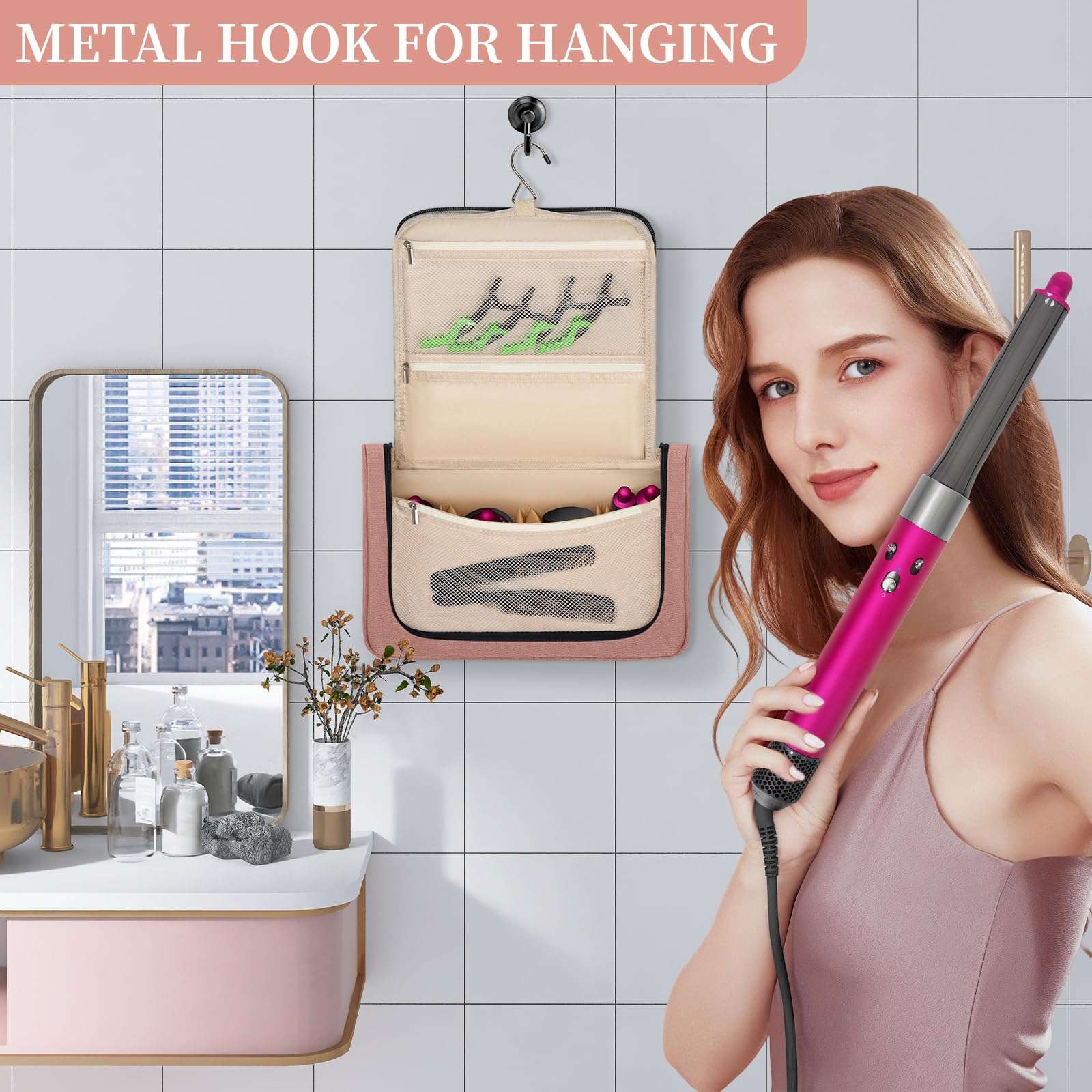 WELIDAY Travel Case Compatible with Dyson Airwrap Styler, Travel Portable Storage Bag with Hanging Hook and Multi-pockets for Hair Curler and Accessories (Front Open Design, Pink) - Image 2