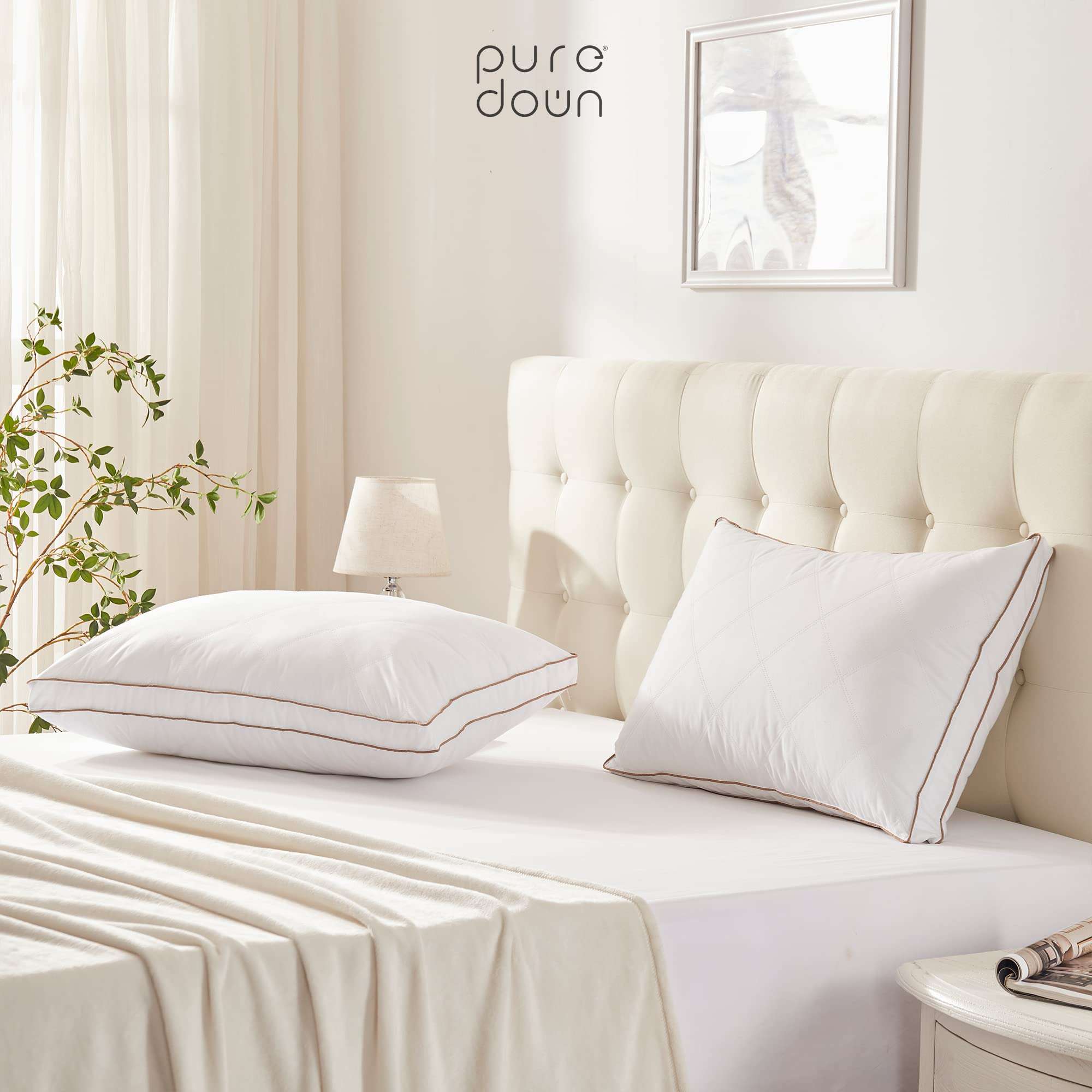 puredown® Goose Feathers and Down Pillow for Sleeping Gusseted Bed Hotel Collection Pillows, King, Set of 2 - Image 2