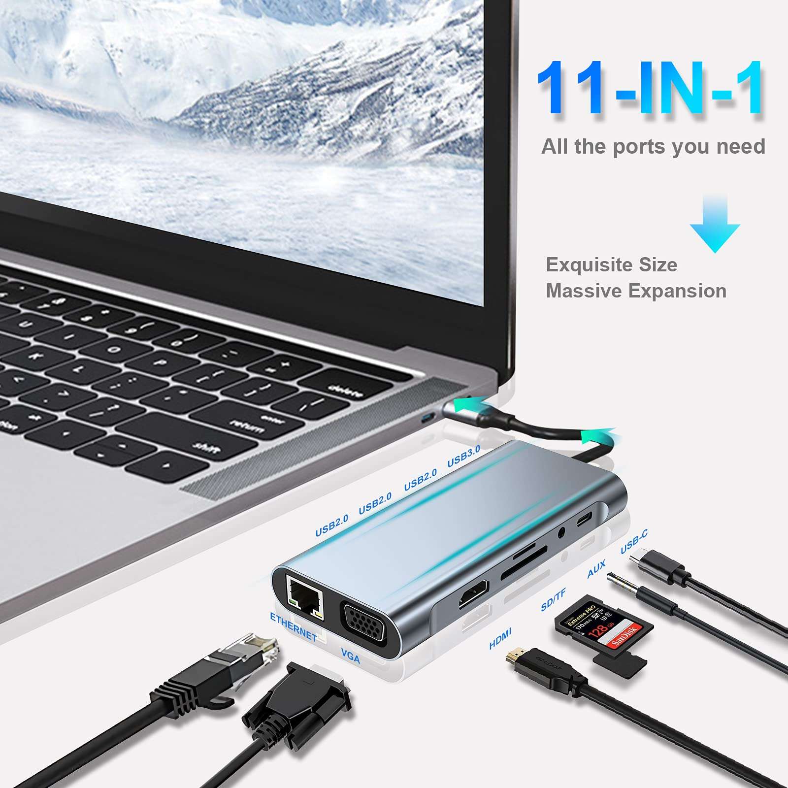 USB C HUB, USB C Adapter 11 in 1 Dongle with 4K HDMI, VGA, Type C PD, USB3.0, RJ45 Ethernet, SD/TF Card Reader, 3.5mm AUX, Docking Station Compatible with MacBook Pro/Air, Other Type C Laptops - Image 2