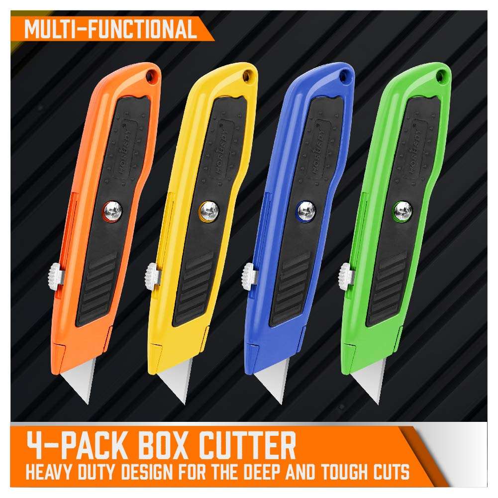HORUSDY 4-Pack Box Cutter Utility Knife, Heavy Duty Aluminum Shell Retractable Box Cutter for Cardboard, Boxes and Cartons, Extra 10 Blades - Image 3