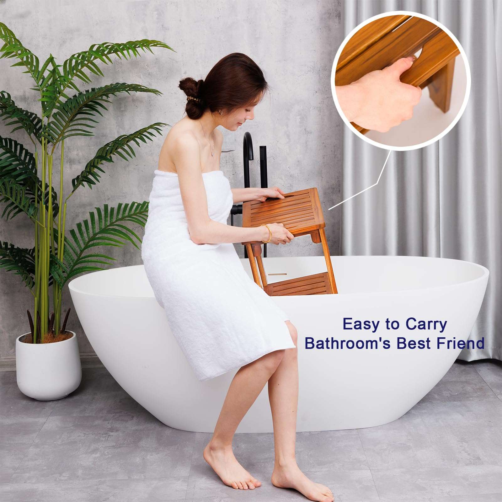 14" Compact Teak Shower Stool with Shelf & Handle - Waterproof, Non-Slip Bath Bench for Small Bathrooms/Outdoor Use, 300 lbs Capacity (Patented) - Image 6