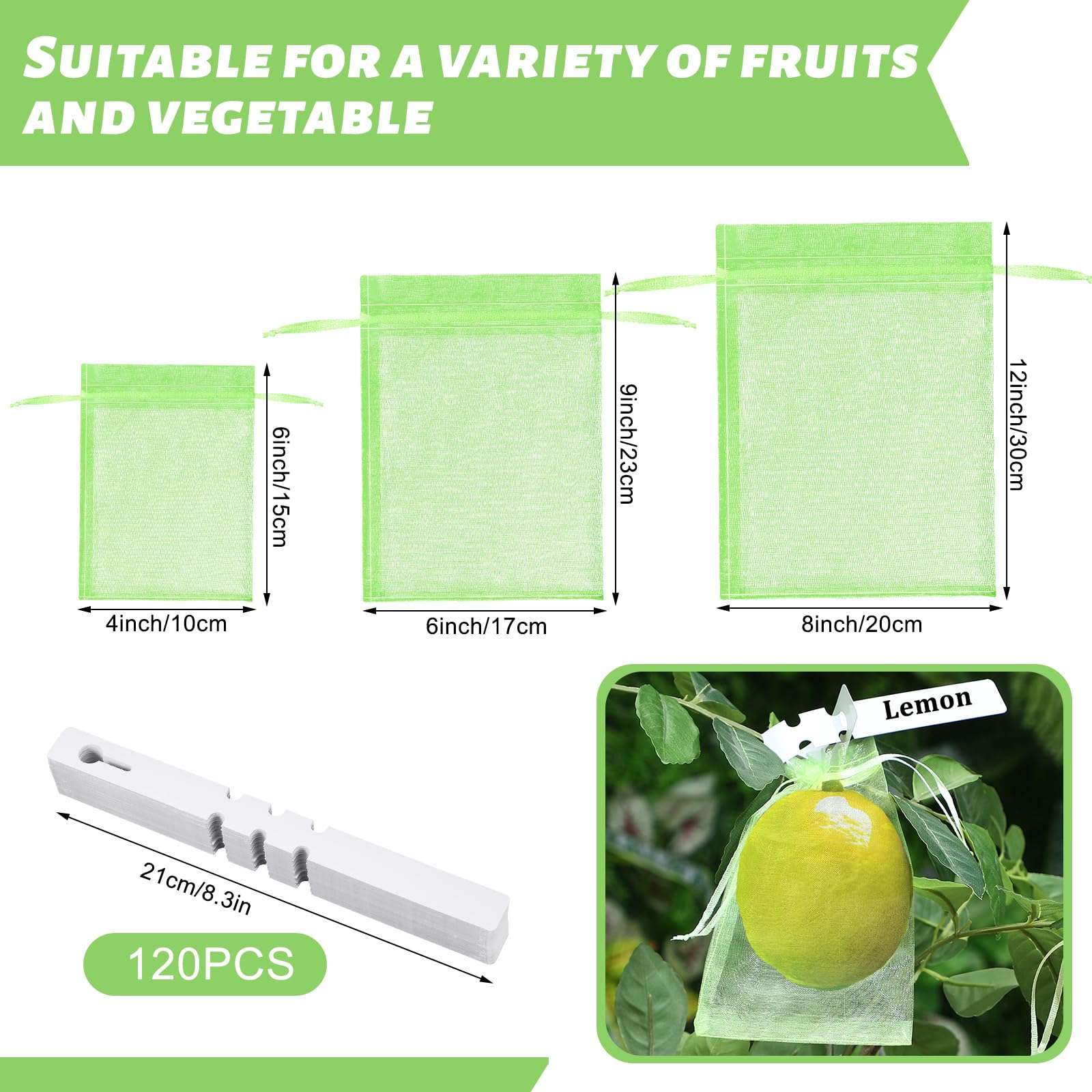 Reallnaive 120 Pcs Fruit Protection Bags 3 Size Green Mesh Bags for Fruits Vegetables with 120 Pcs Plant Label Drawstring Mesh Pest Barrier Netting Cover for Veggies Garden - Image 2