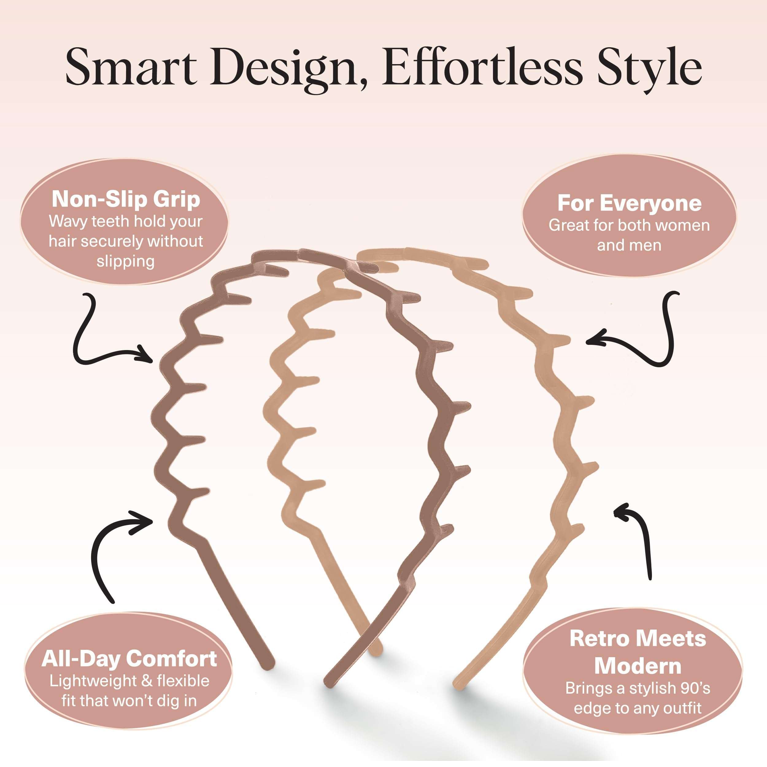 Kitsch Zig Zag Headbands, Recycled Plastic Wavy Hair Band with Teeth, Comb Headbands for Women and Men, Classic 90s Hair Accessories, 2pcs (Neutral) - Image 3
