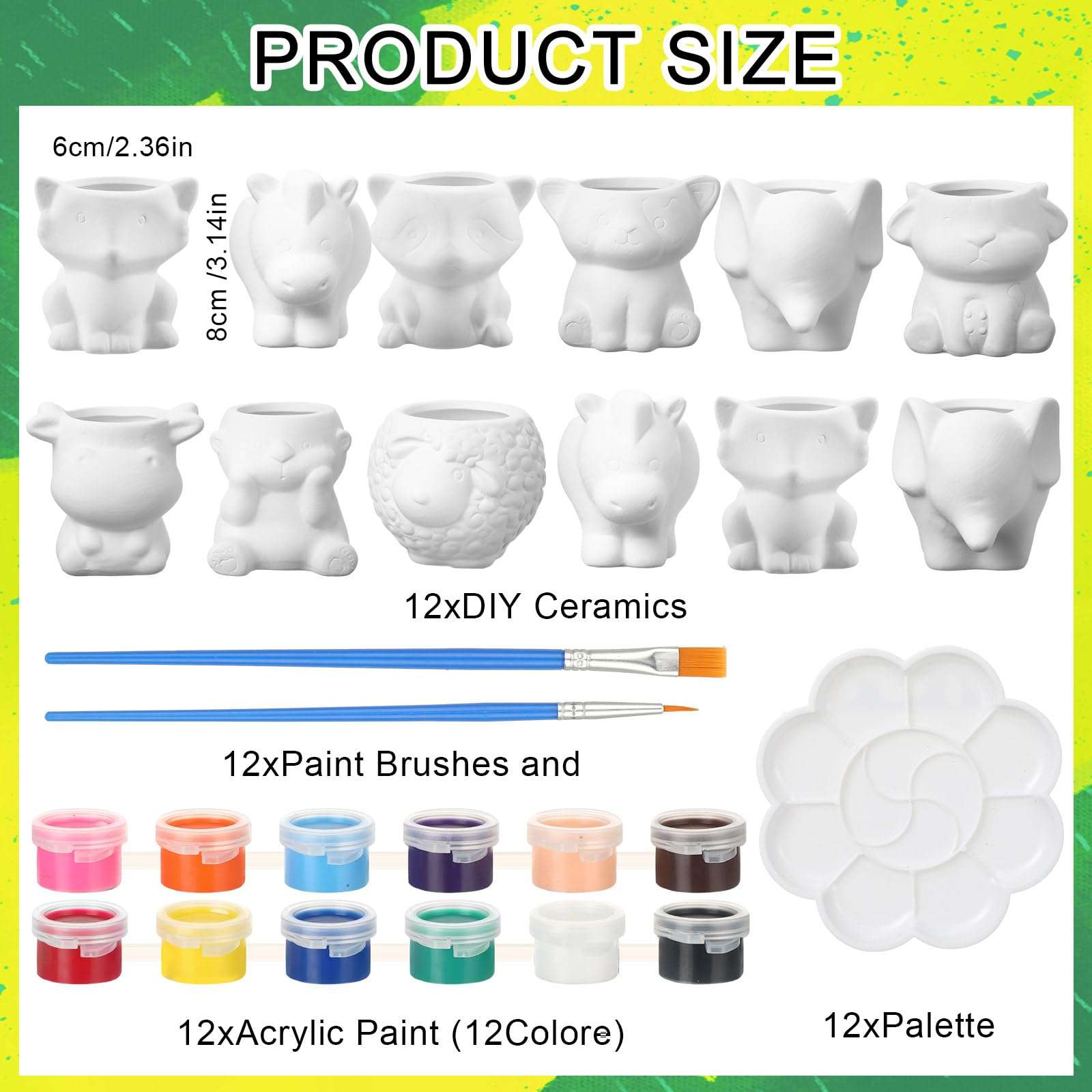 Hushee 12 Sets DIY Ceramic Succulent Pots Ready to Paint Animal Planters Unpainted Plant Flower Pots Bulk with Drainage Hole and Bisque Paint for Kids Adults Craft Christmas - Image 2