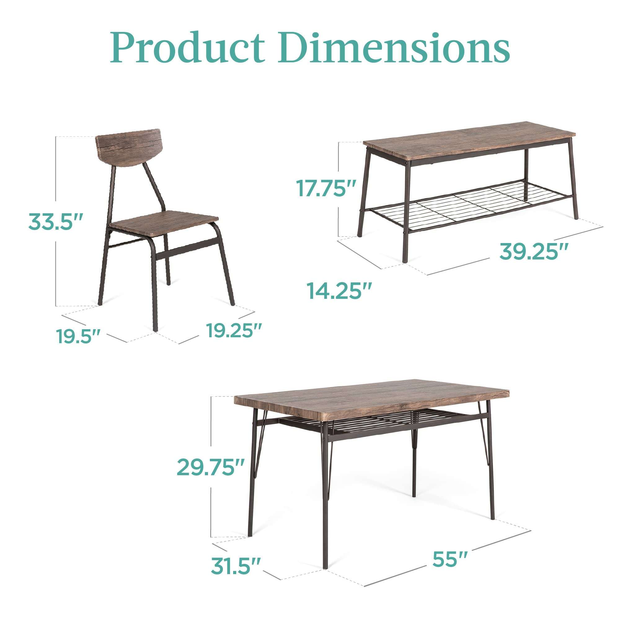 Best Choice Products 6-Piece 55in Modern Dining Set for Home, Kitchen, Dining Room w/Storage Racks, Rectangular Table, Bench, 4 Chairs, Steel Frame - Brown - Image 2
