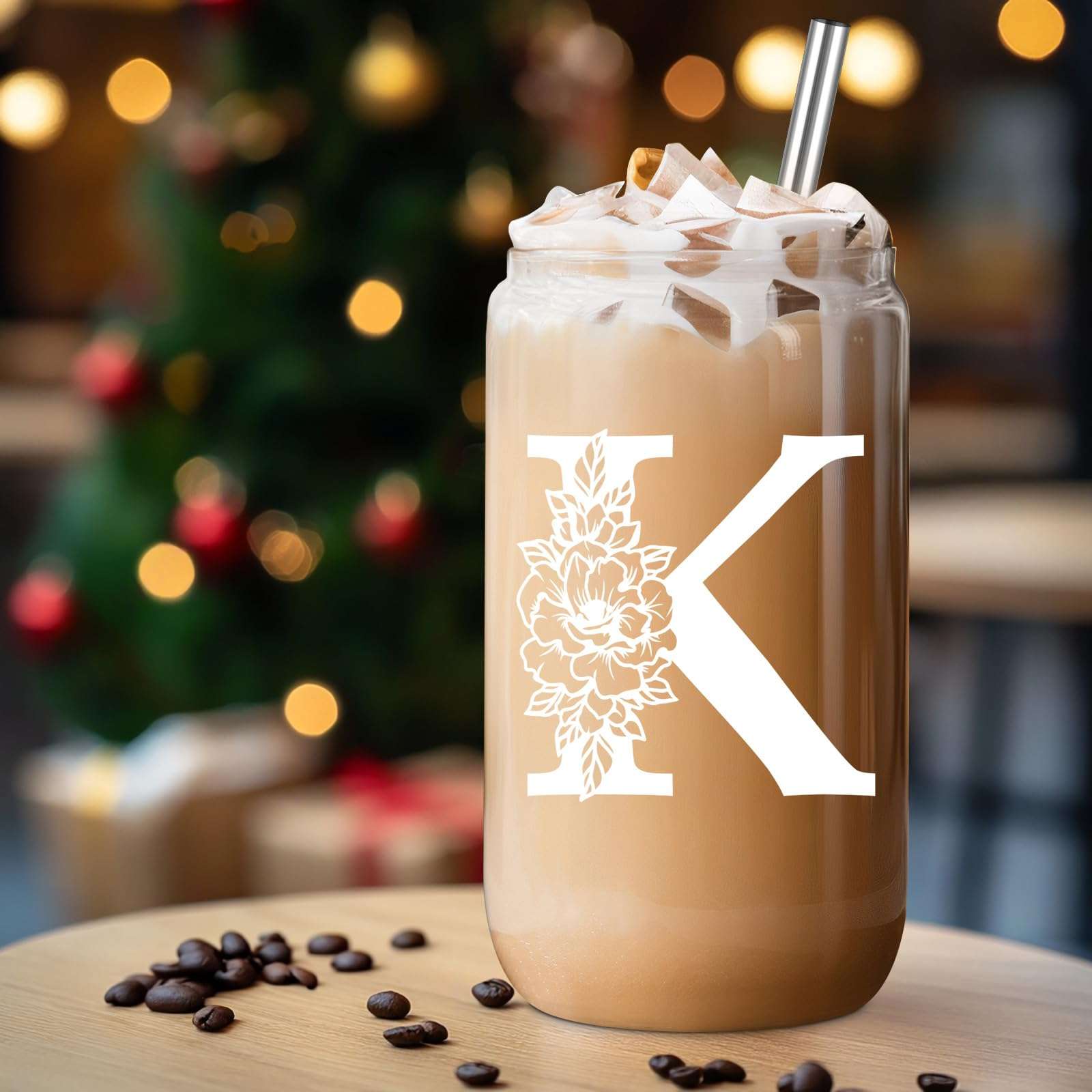Coolife Initial Glass Cup, 16 oz Monogrammed Cups w/Lids & Straws | Iced Coffee Smoothie Beer Tumbler | Personalized Christmas | Birthday Gifts for Her Mom Friend Woman - Image 7
