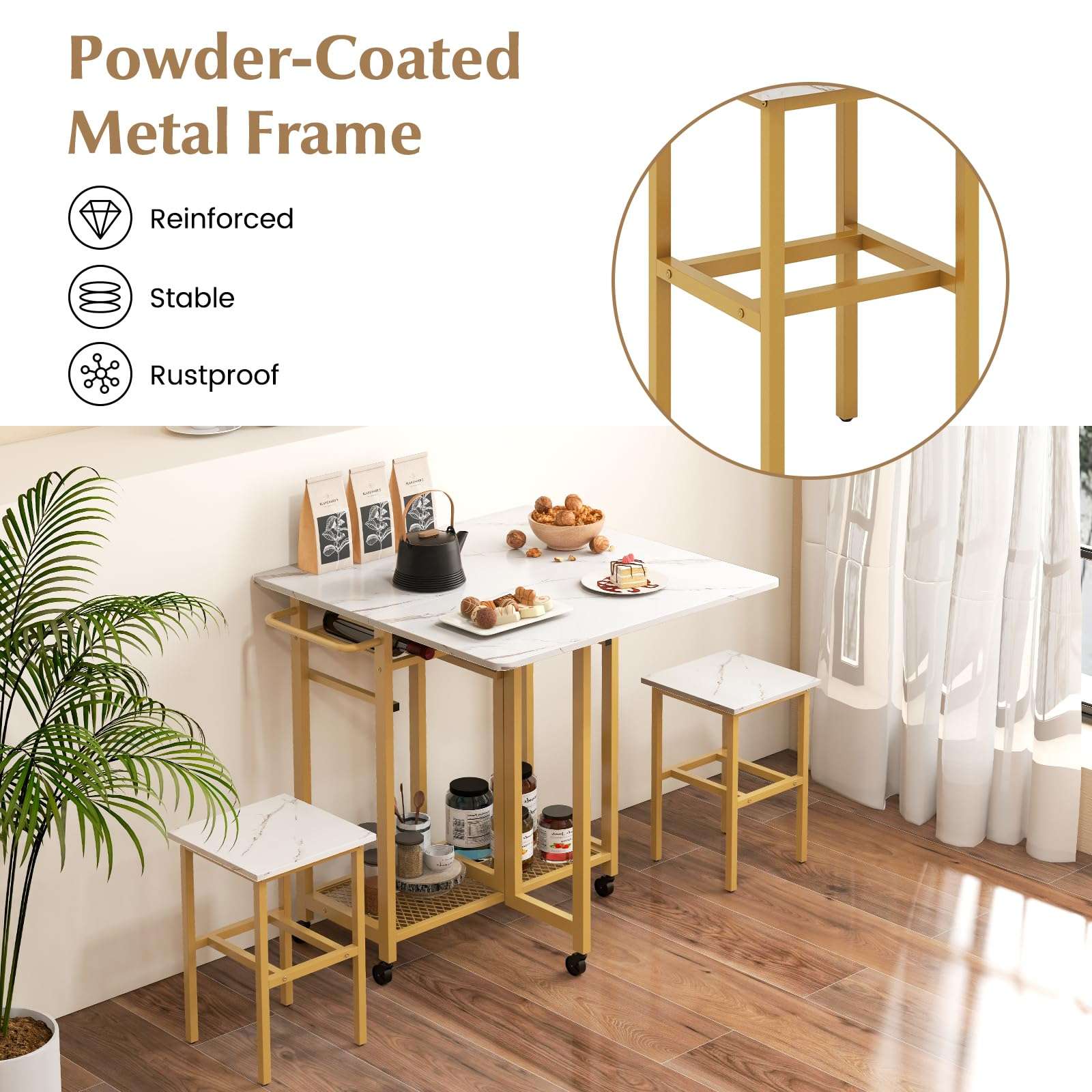 Giantex 3-Piece Foldable Dining Table Set, Extendable Dining Table & 2 Stools Set w/ 6-Bottle Wine Rack, Shelves & Side Pushing Handle, Space-Saving Dining Room Kitchen Table Set for Small Space - Image 8