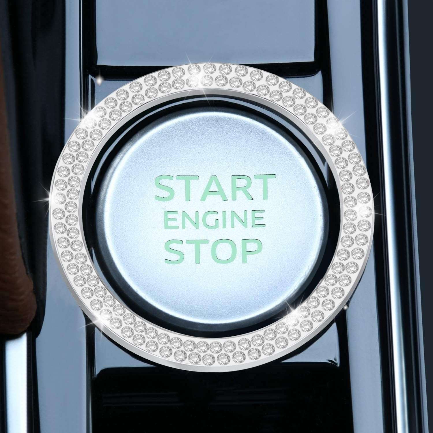 LivTee 2 PCS Crystal Double Rhinestone Car Engine Start Stop Decoration Ring, Bling Car Interior Accessories for Women, Push to Start Button Cover Sticker, Automotive Decals, White - Image 2