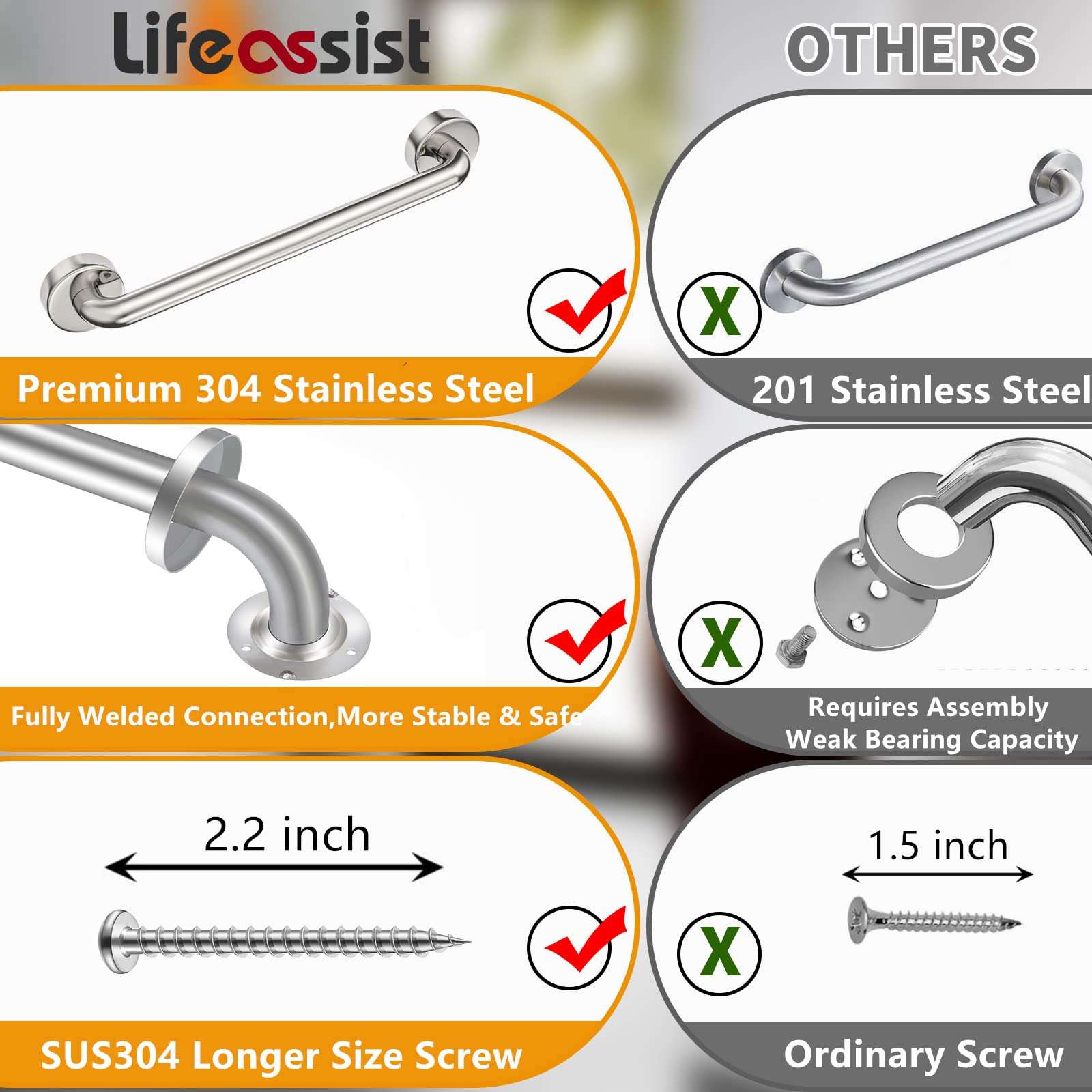 18 Inch Shower Grab Bar 2 Pack Brushed Nickel SUS304 Safety Bathroom Grab Bars with Concealed Screws, 500lbs Support Assist Bath Handle Balance Bar for Handicap Elderly Pregnant - Image 3