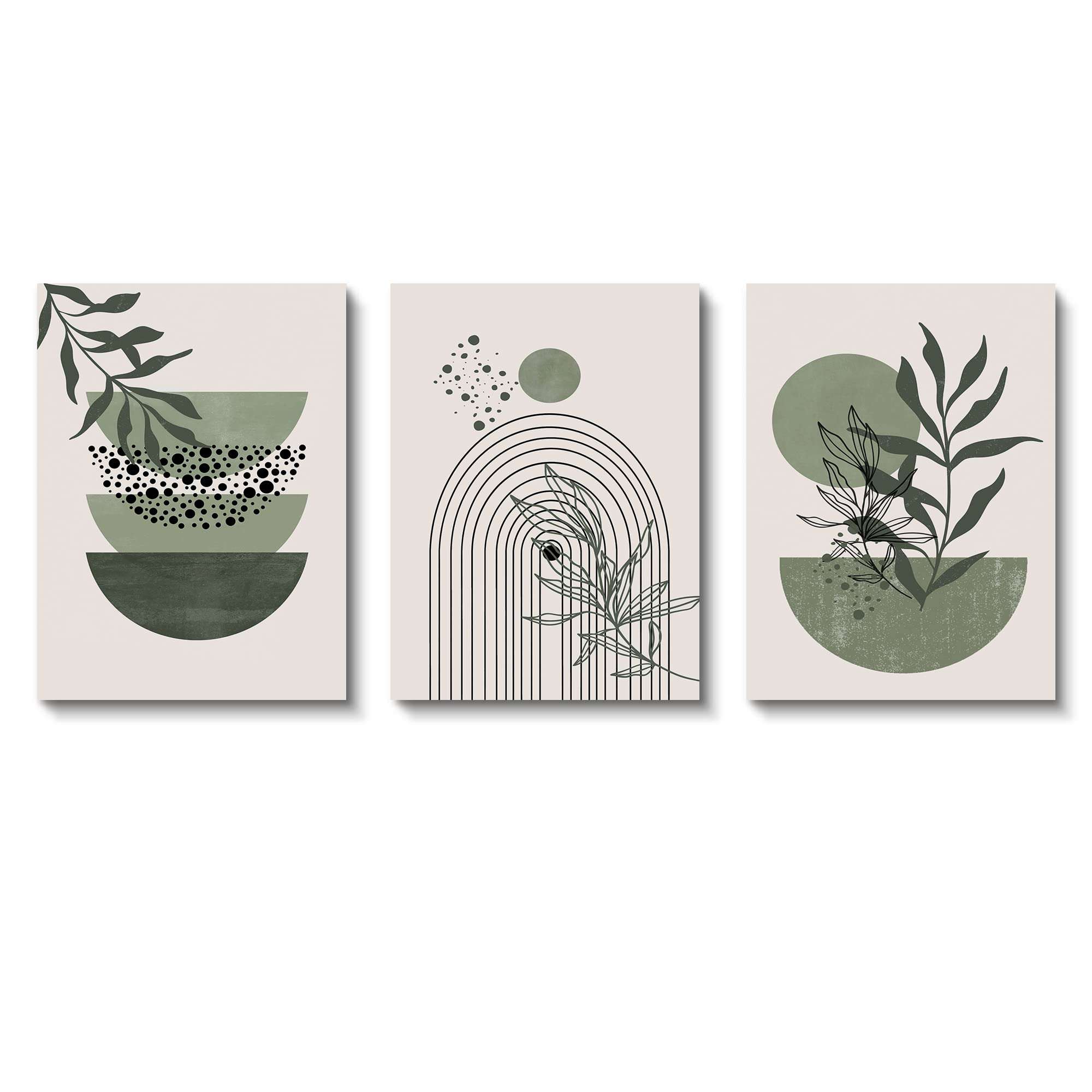 Sage Green Wall Posters & Prints, Green Boho Wall Art Set of 3, Minimalist Framed Wall Art Geometric Line Leaf Sun Moon Beige Green Canvas Artwork Paintings - Image 7