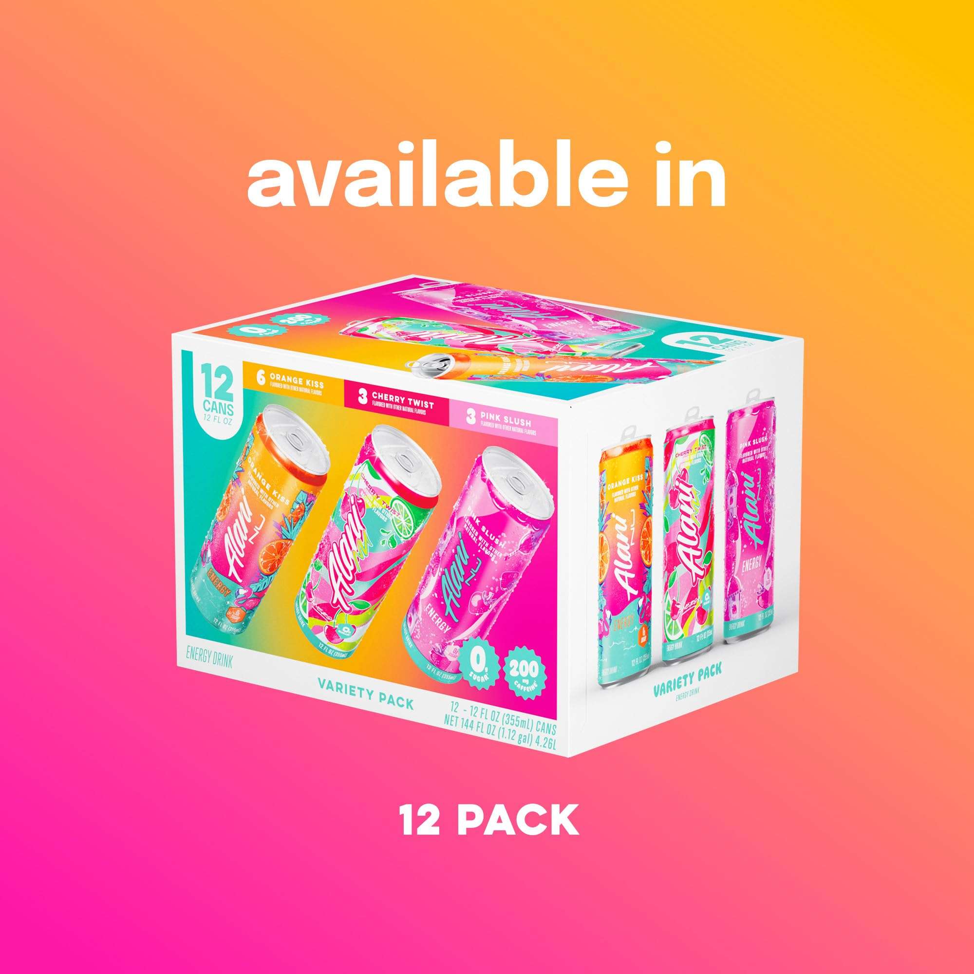 Alani Nu VARIETY PACK CHERRY TWIST, PINK SLUSH, ORANGE KISS Sugar Free, Low Calorie Energy Drinks, 200mg Caffeine, Biotin B Vitamins, Zero Sugar, 10 Calories, 12 Fl Oz Cans, 12 Pack - Image 3