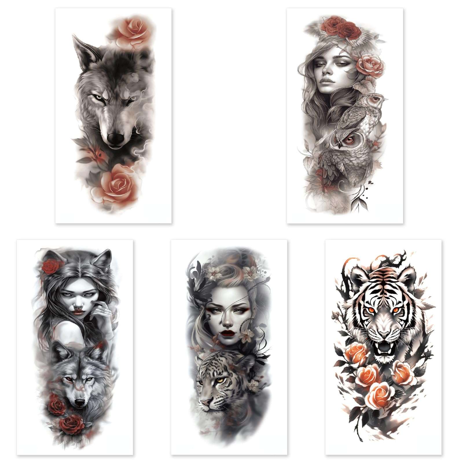 Aivoch Aivoch 10 Sheets Realistic Animals Temporary Tattoo for Men Women Adults, Wolf Tiger Rose Tattoos Stickers, Flowers Fake Tattoo Stickers, Body Art Half Arm Sleeve Tattoos (Animals) - Image 8