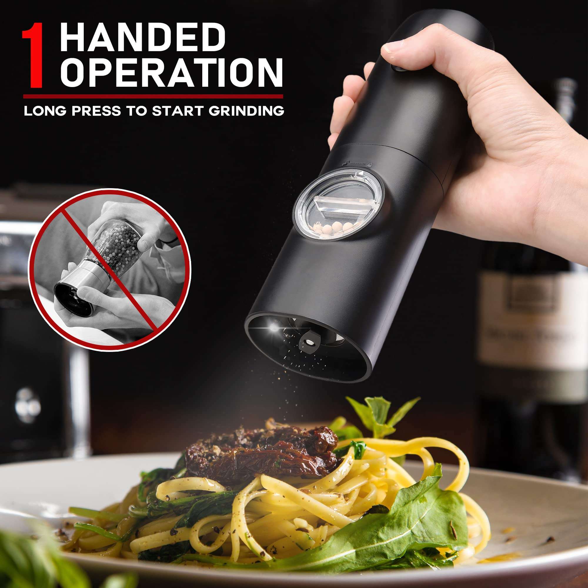 Electric Salt and Pepper Grinder Set of 2, Automatic Pepper Mill,USB Rechargeable, Adjustable Coarseness, One-handed Operation, Ceramic Burr, Refillable, Auto Grinders with Charging Base LED Light - Image 2