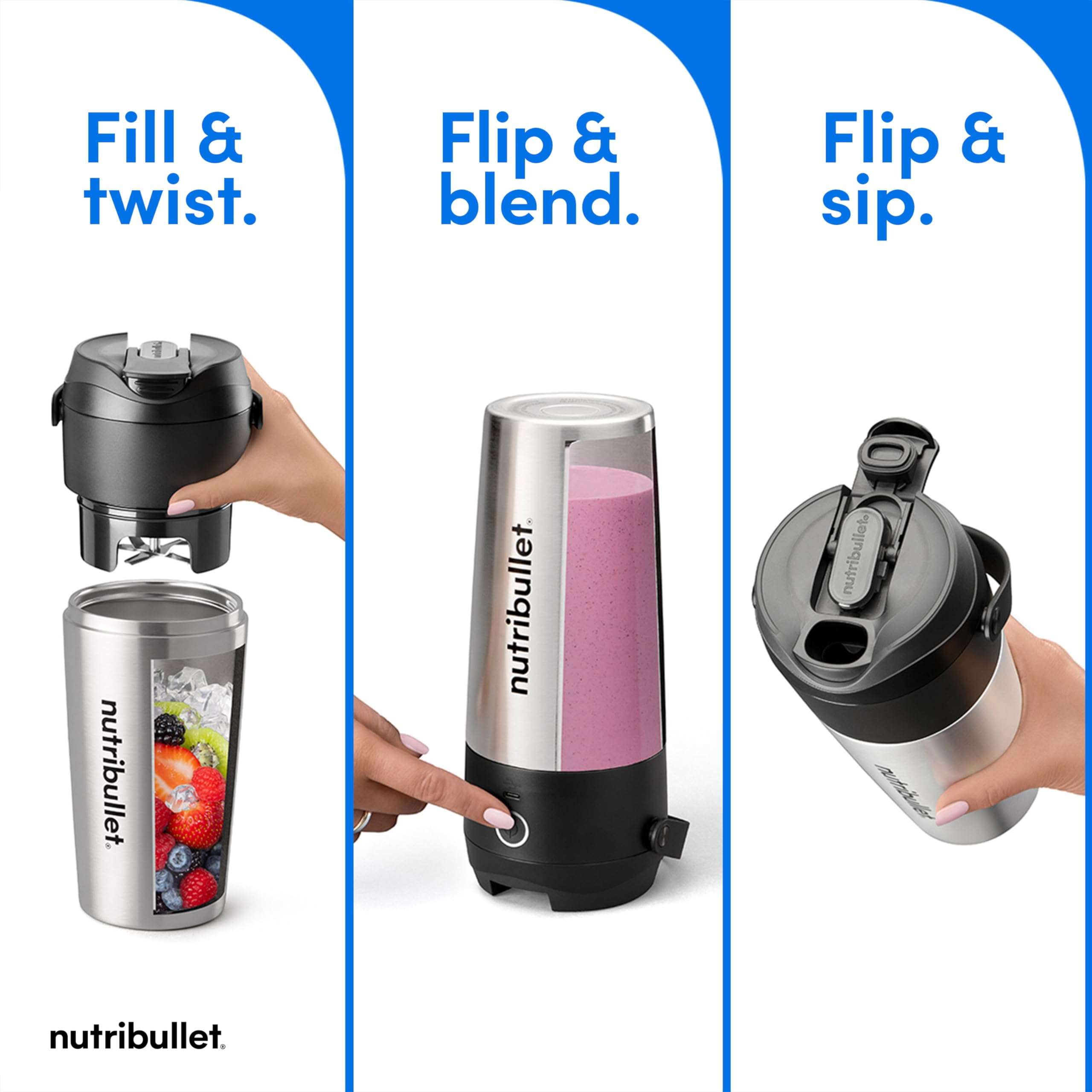 nutribullet Flip Portable Blender with Insulated Cup, Cordless, Brushed Stainless, NBPB50350SS - Image 3