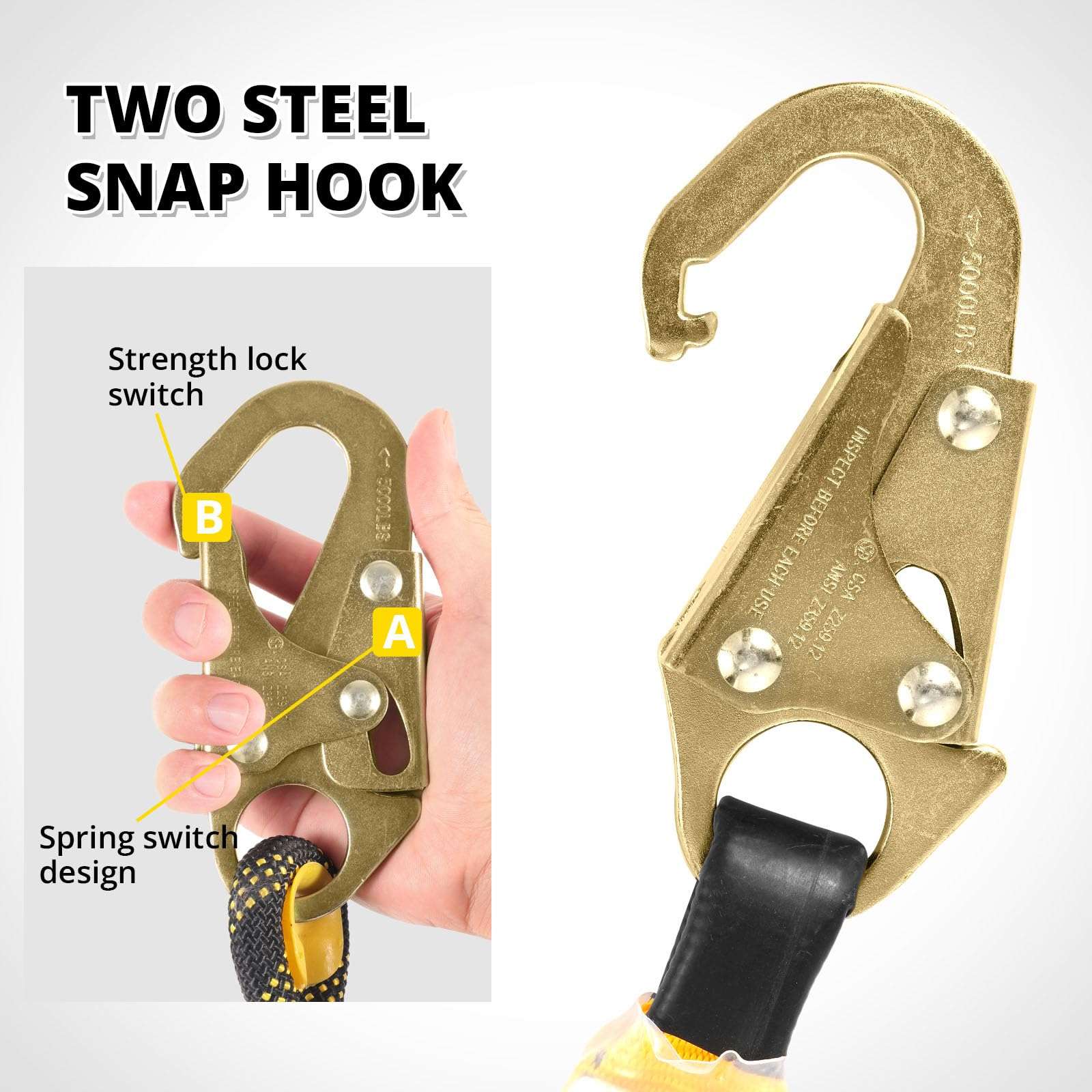 TRSMIMA Rope Harness Safety Lanyard：50ft Vertical Roofing Rope With Grab Snap Hooks Shock Absorber - Fall Protection Tree Climbing Line Kit Heavy Duty Roof Safety Equipment ANSI CE - Image 6