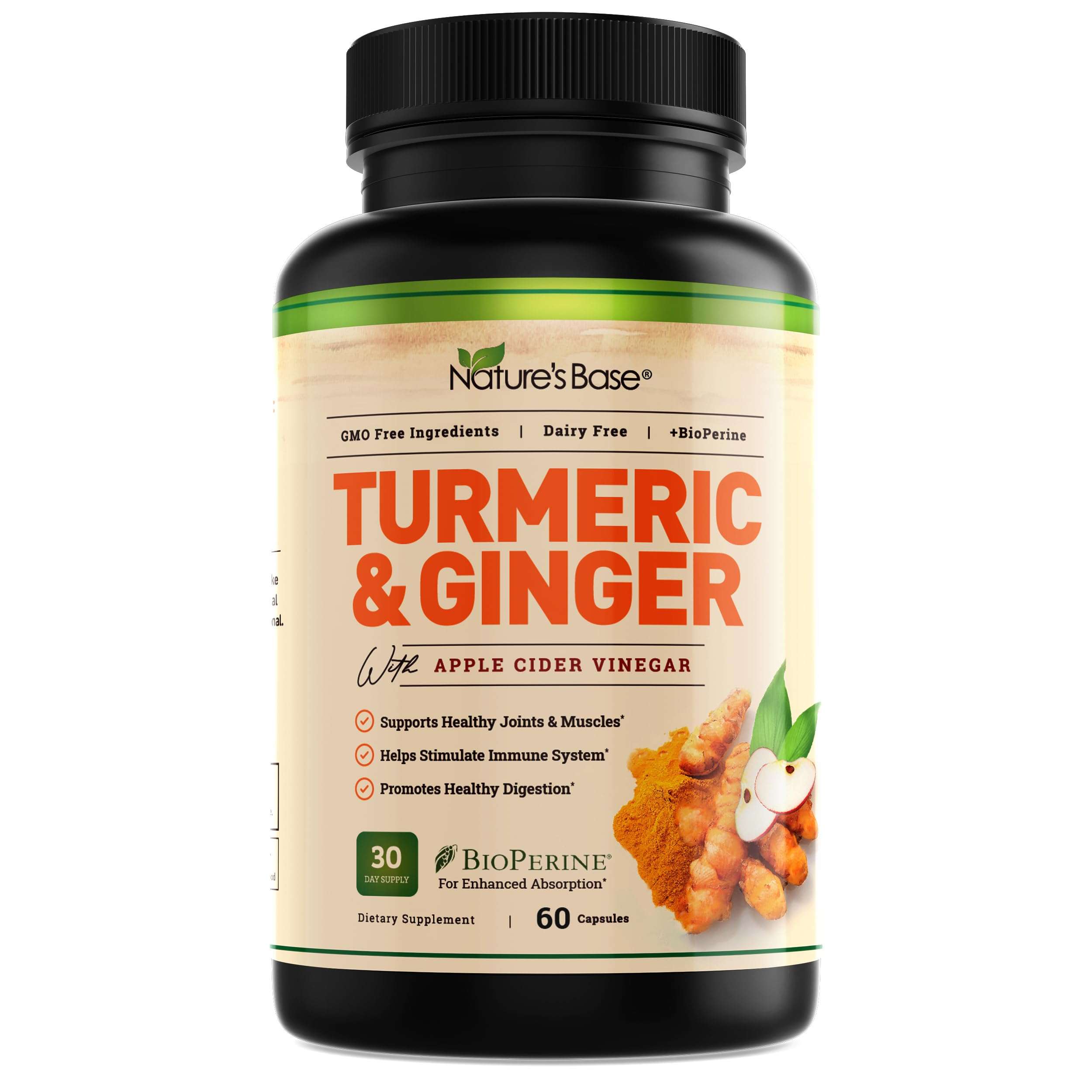 Nature's Base Turmeric and Ginger Supplement - with Curcumin, Apple Cider Vinegar & BioPerine Black Pepper Extract - 95% Curcuminoids - 60 Capsules - Image 1