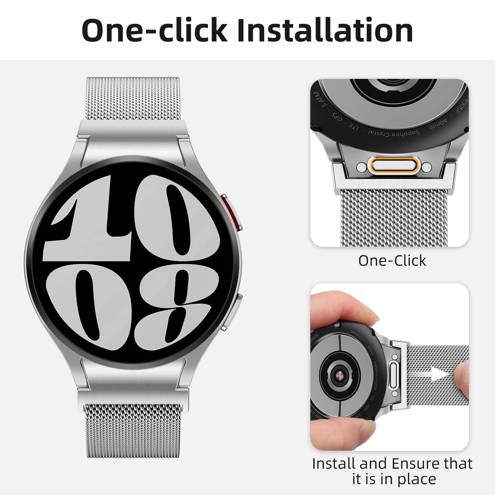 JKD No Gap One Click Metal Band Compatible with Samsung Galaxy Watch 7 6 5 4 FE 40mm 44mm, Galaxy Watch 6 4 Classic 47mm 43mm 42mm 46mm/Watch 5 Pro 45mm, 20mm Stainless Steel Mesh Wristband Women Men - Image 3